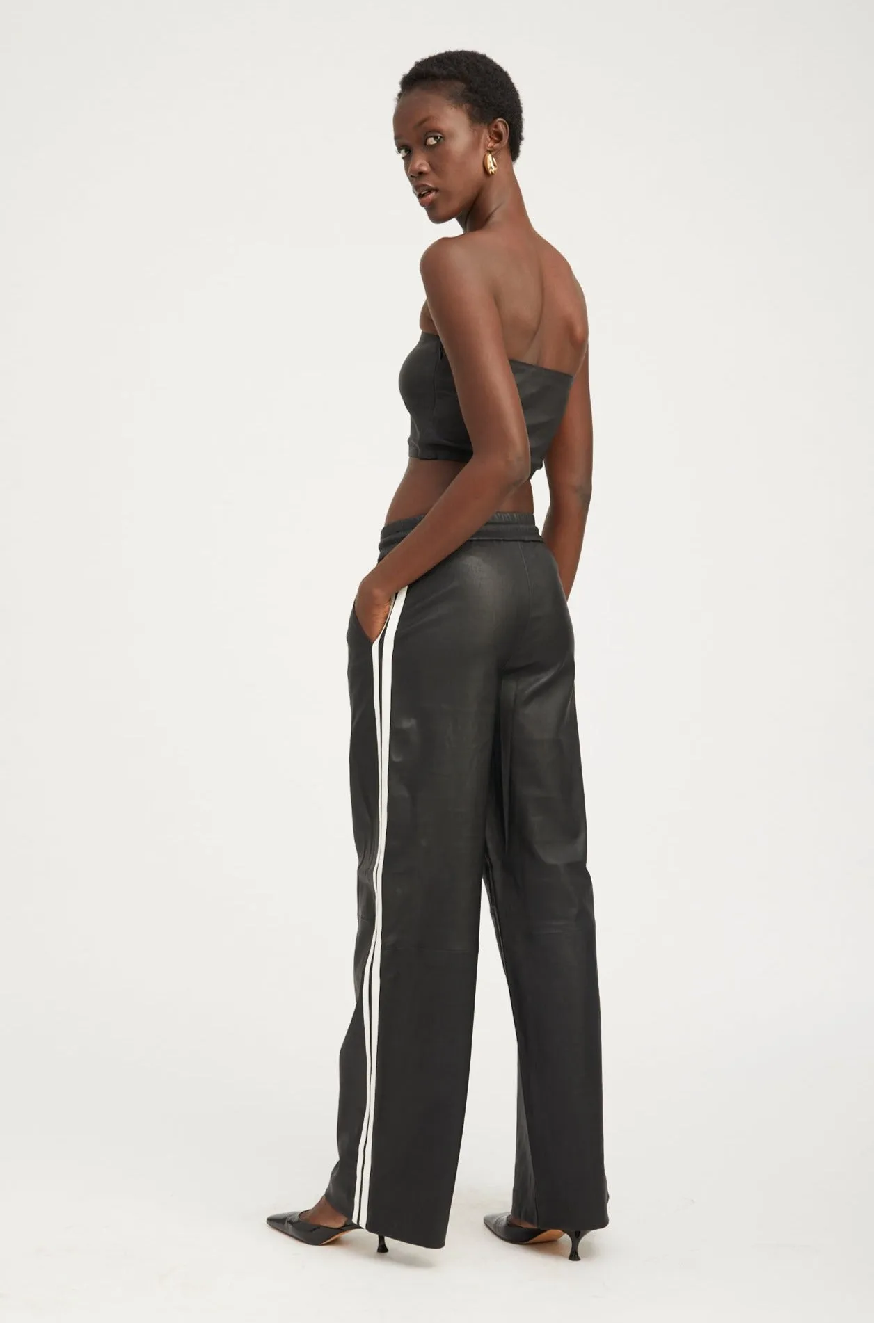 Black Leather Micro Tube Top Yarn Dyed Stripes