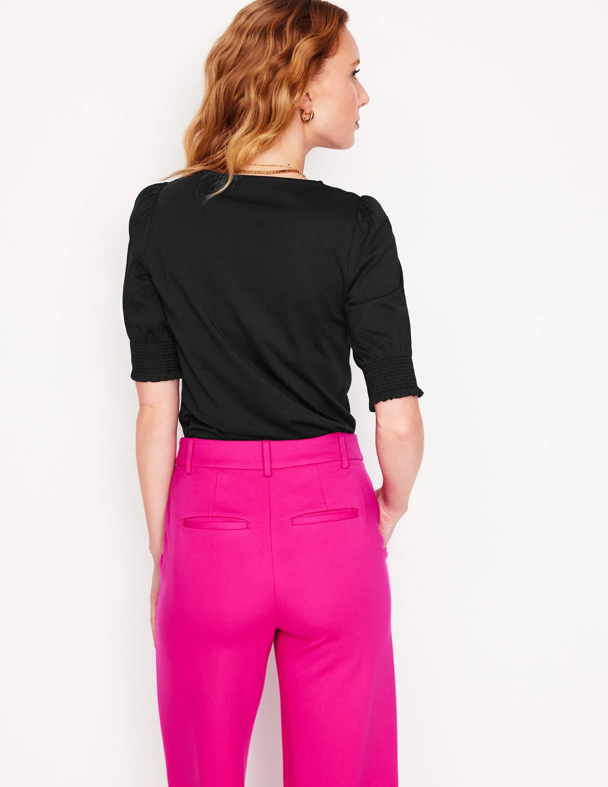 Short Sleeve Smocked Cuff Top-Black Formal Wear RelaxedNeckline