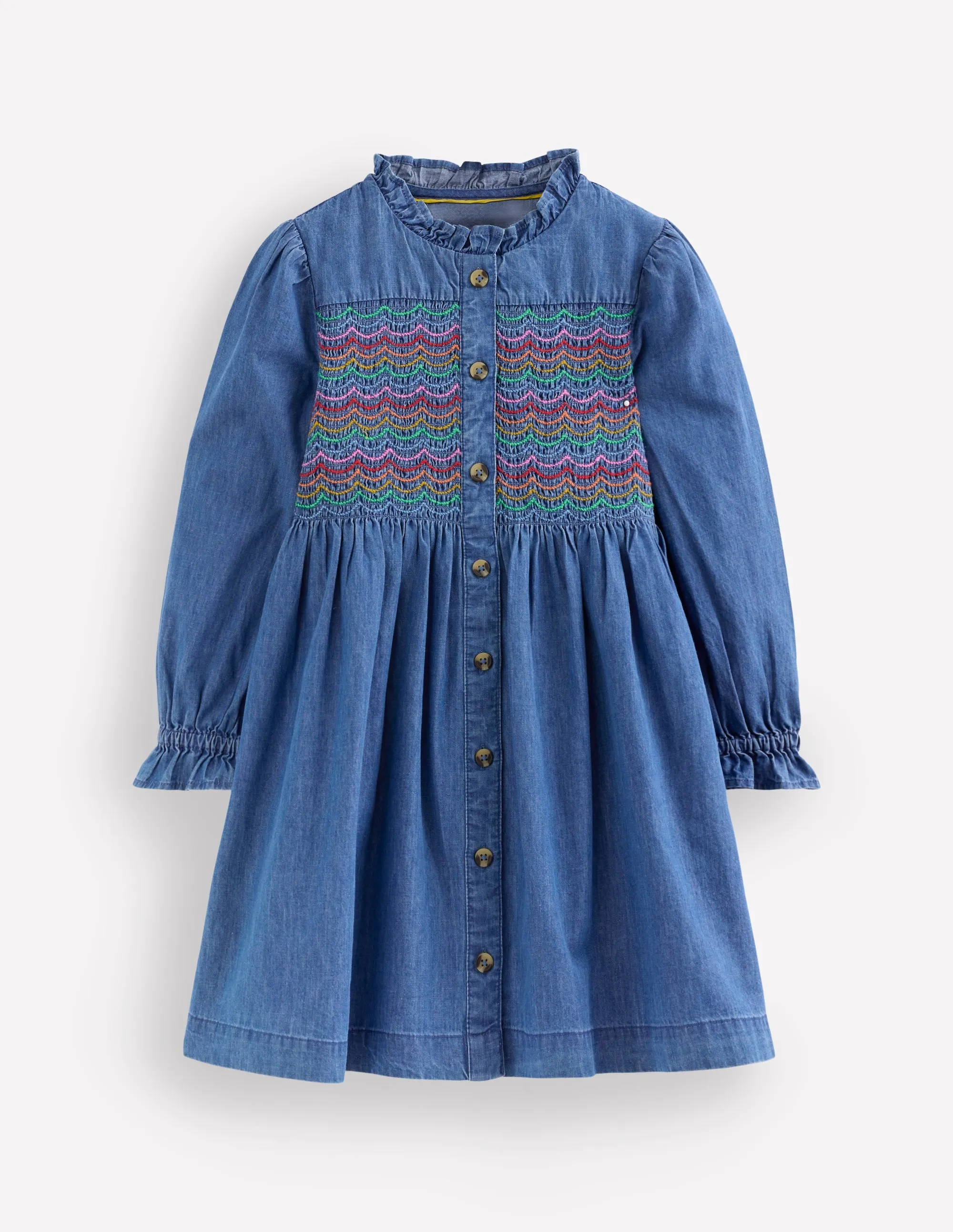 Photo Light Modern Design Suki Long Sleeve Smocked Dress-Mid Vintage Denim