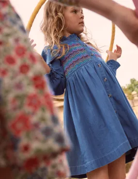 Effortless Piece Suki Long Sleeve Smocked Dress-Mid Vintage Denim