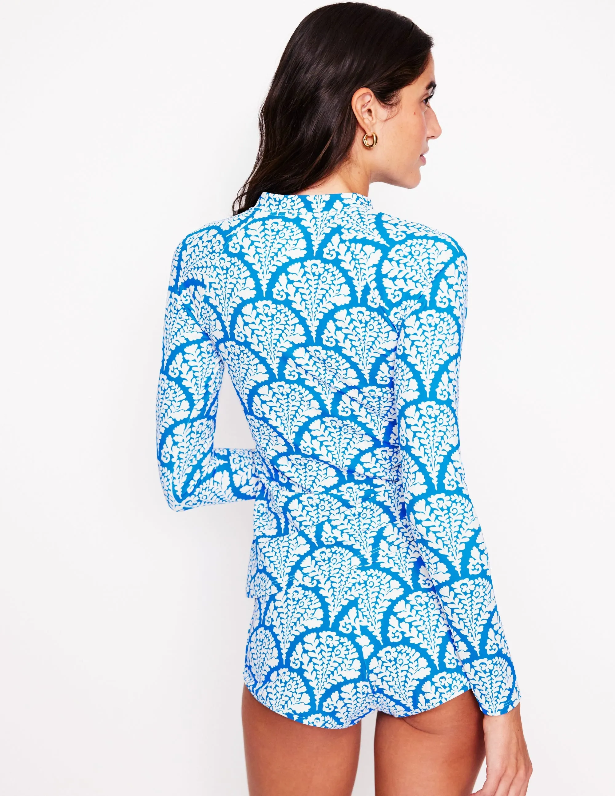 Active Beach Wear Non Restrictive Leg Openings Sun Safe Raglan Rash Vest-Bright Blue, Blossomy