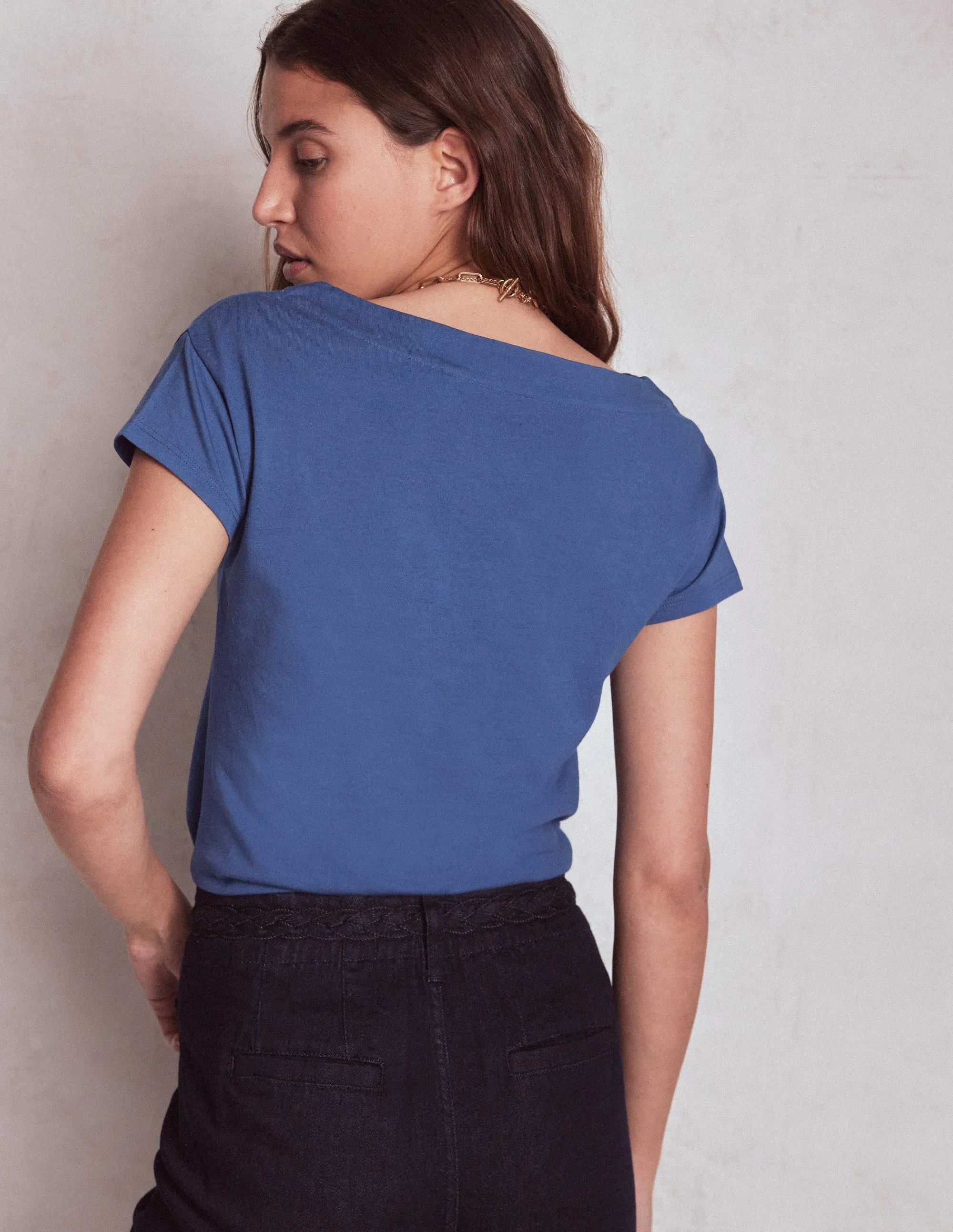 StretchFit Relaxed Blouse Supersoft Boat Neck T-Shirt-Denim Blue