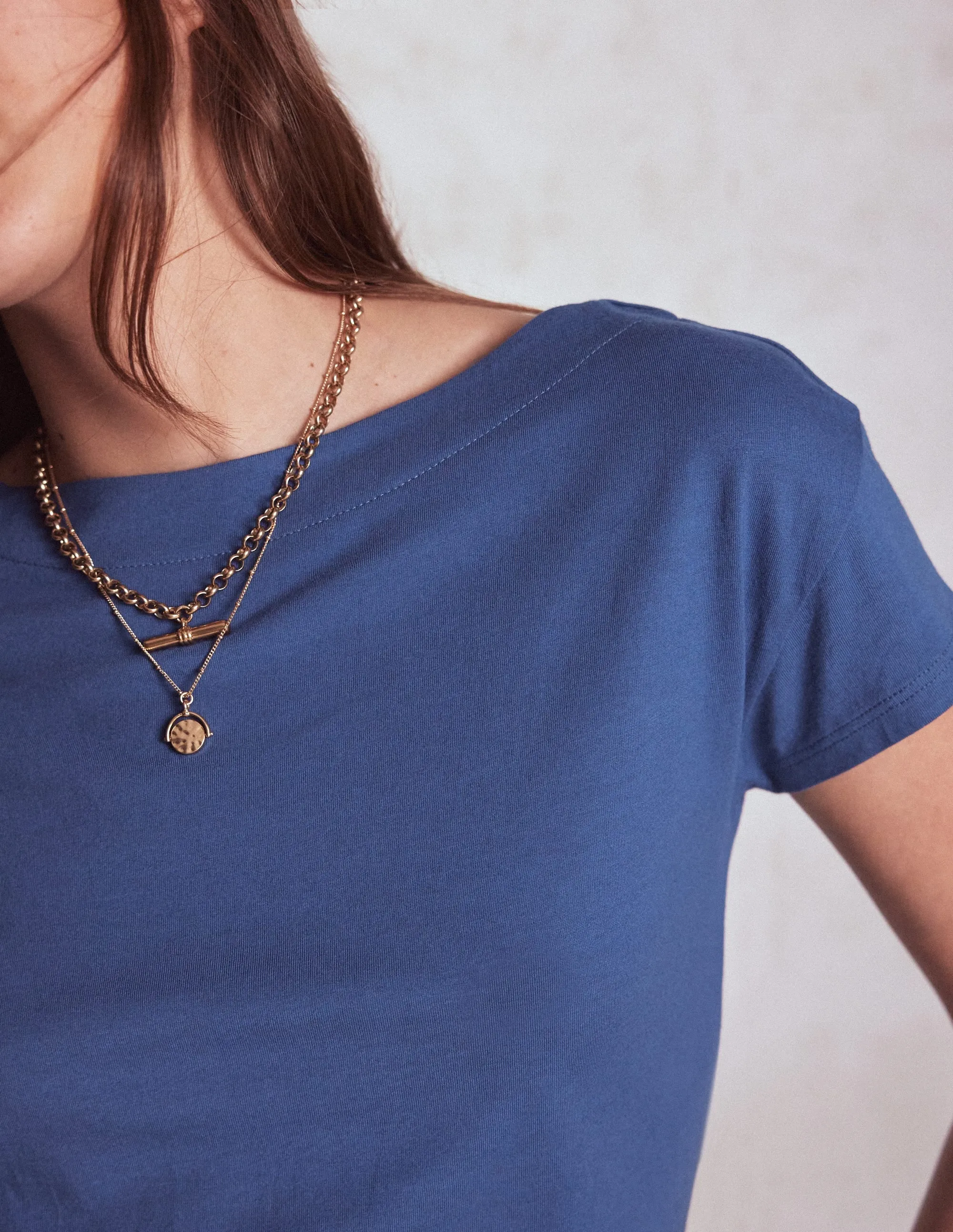 Supersoft Boat Neck T-Shirt-Denim Blue Anti Pill Finish Hot Weather