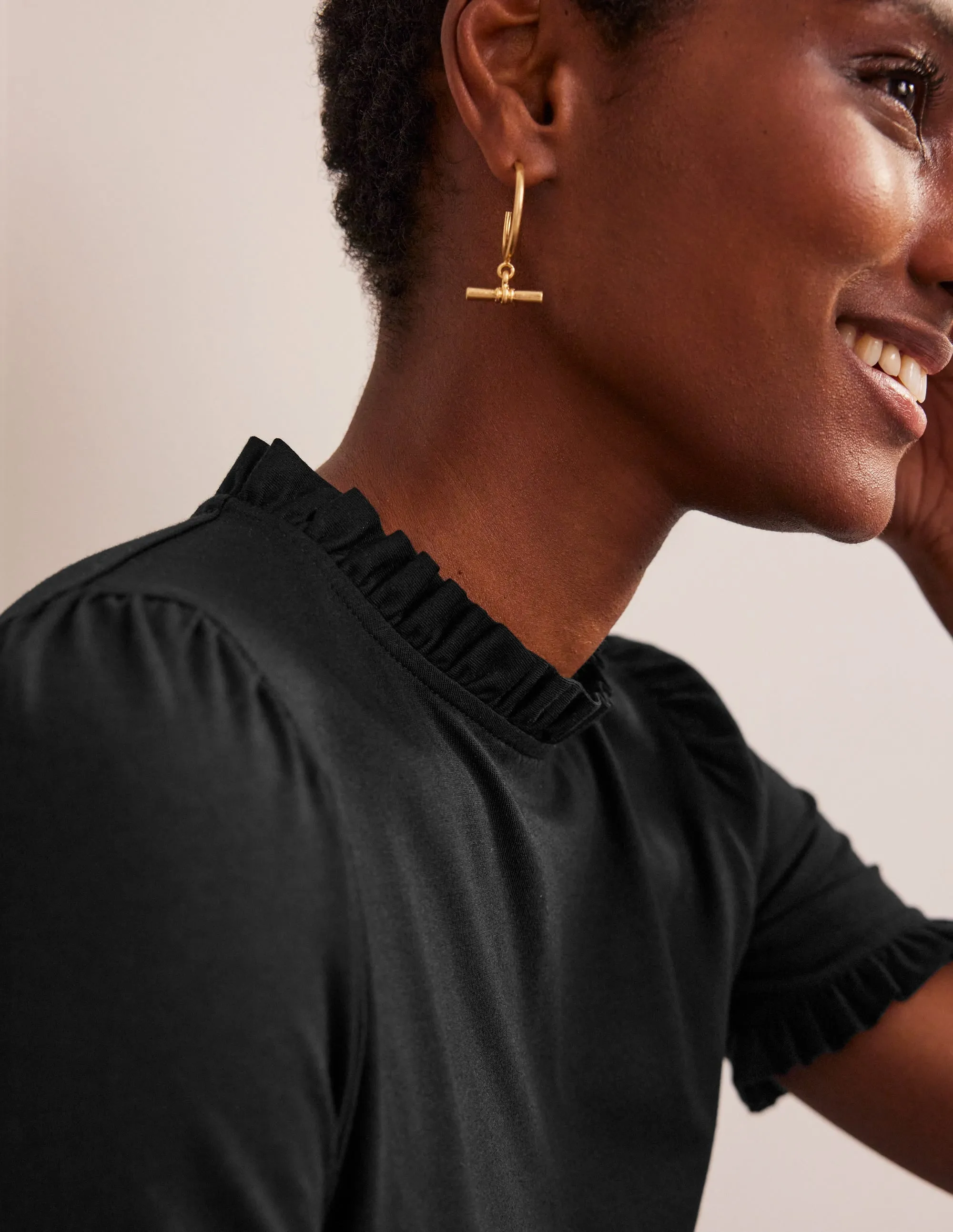 Thermoregulating Fabric Active Tee Supersoft Frill Detail T-shirt-Black