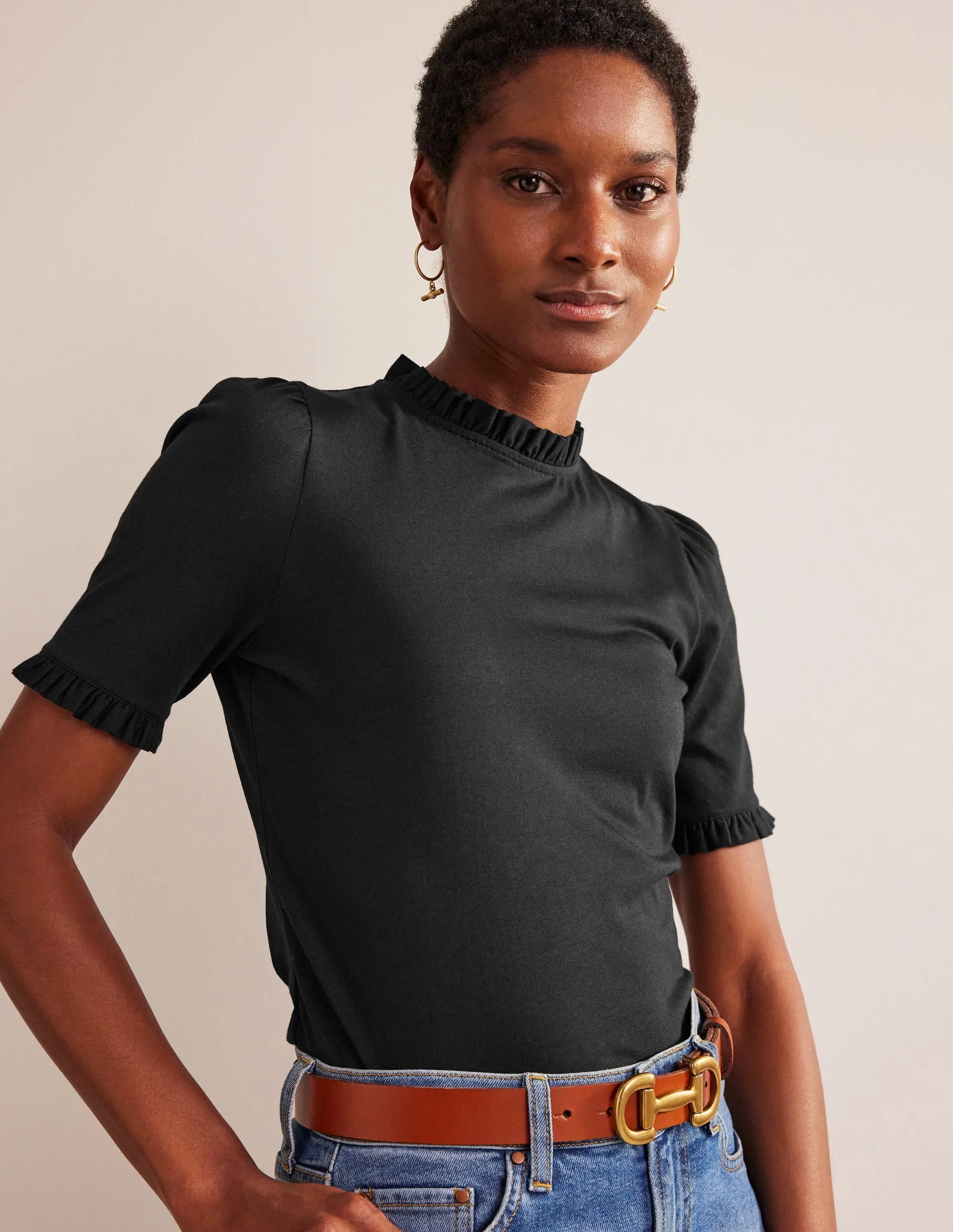 Supersoft Frill Detail T-shirt-Black ElasticTrimming