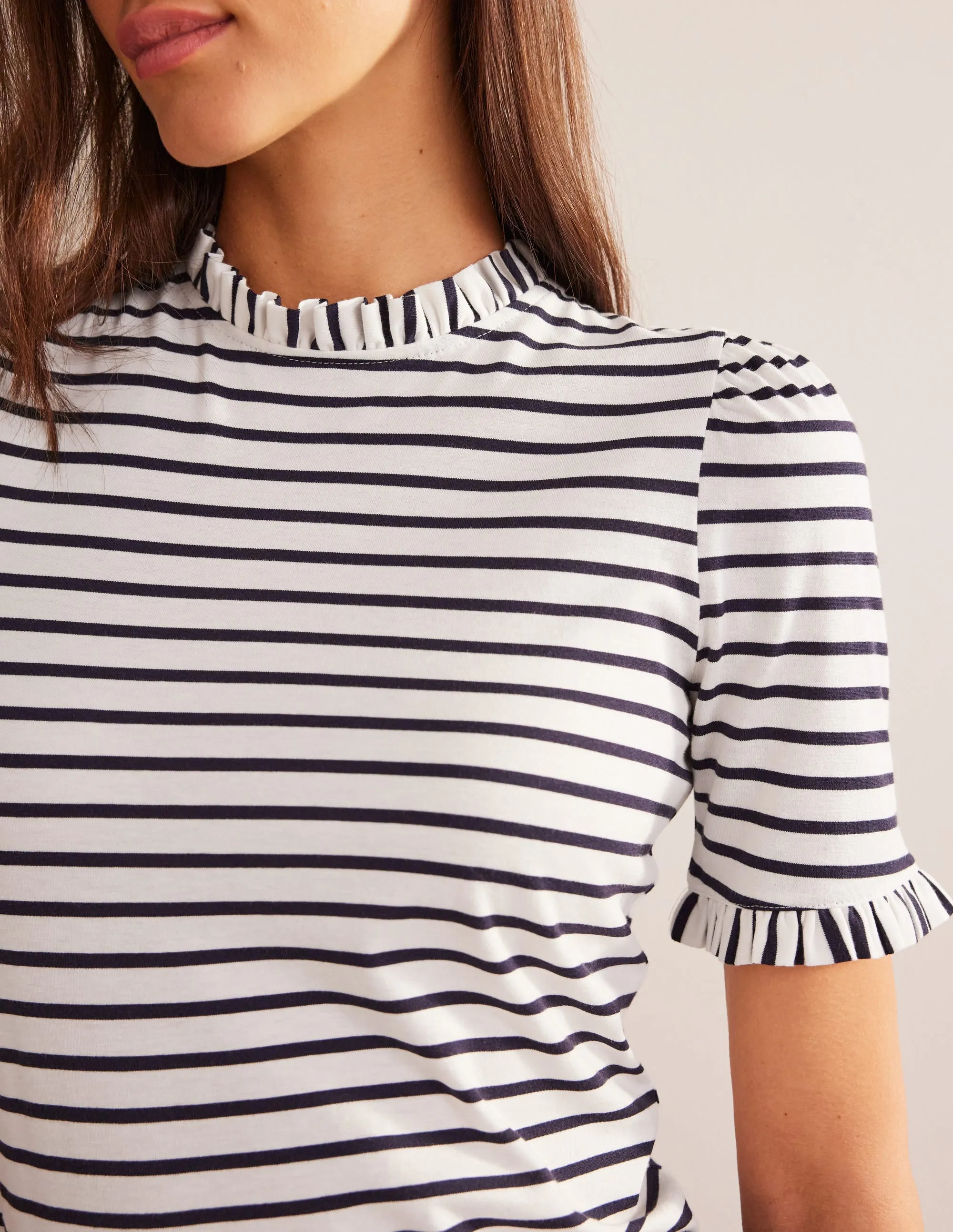 Supersoft Frill Detail T-shirt-Ivory, Navy Stripe Odor Control Finish Double Layered Hem Reinforcement