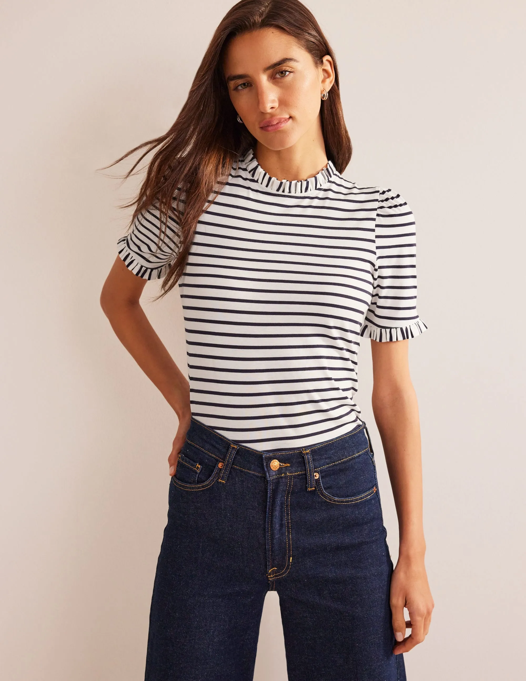 Supersoft Frill Detail T-shirt-Ivory, Navy Stripe Reflective Trim Details CompressionTechnology