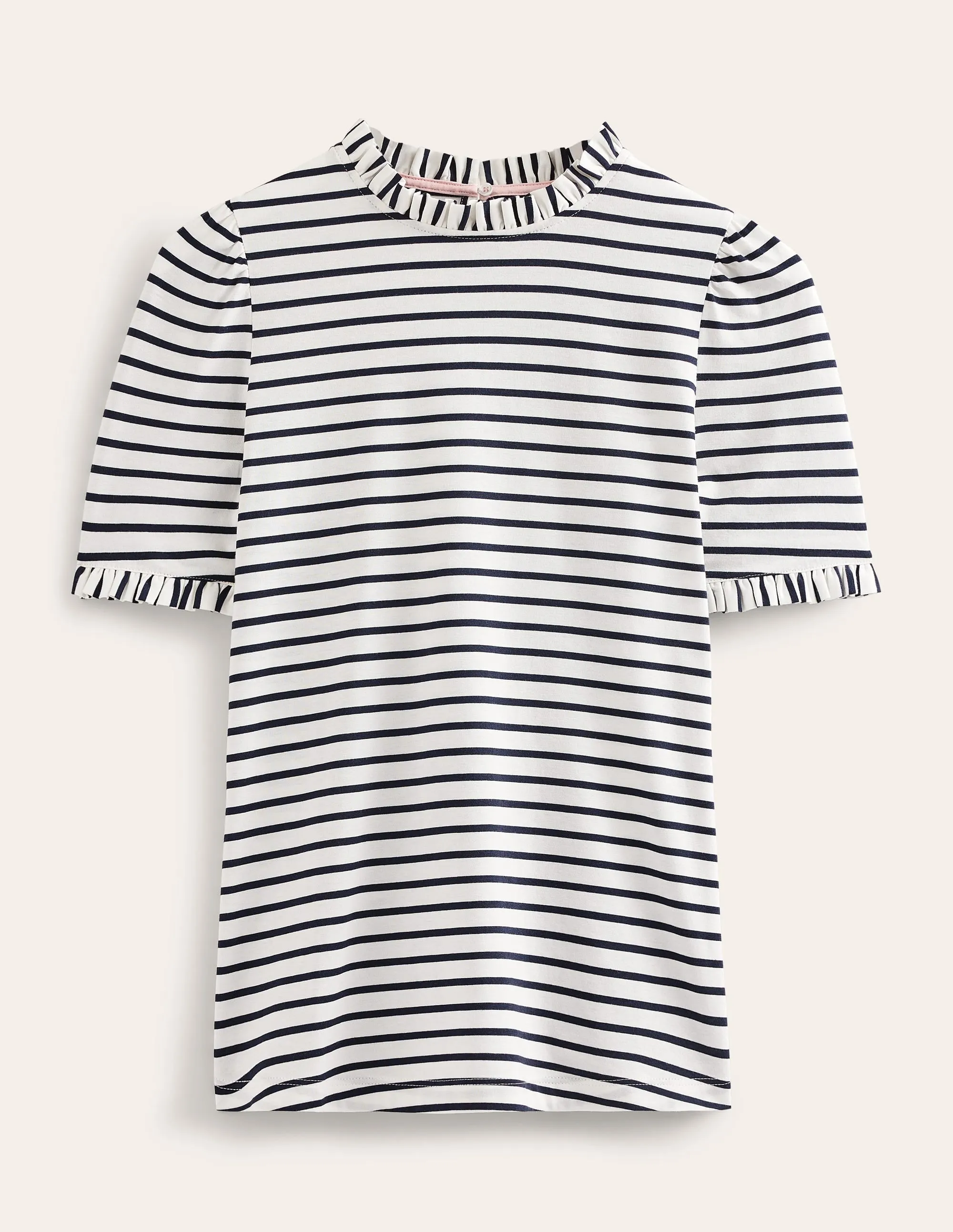 Supersoft Frill Detail T-shirt-Ivory, Navy Stripe Yarn Dyed Stripes Non Irritating Label