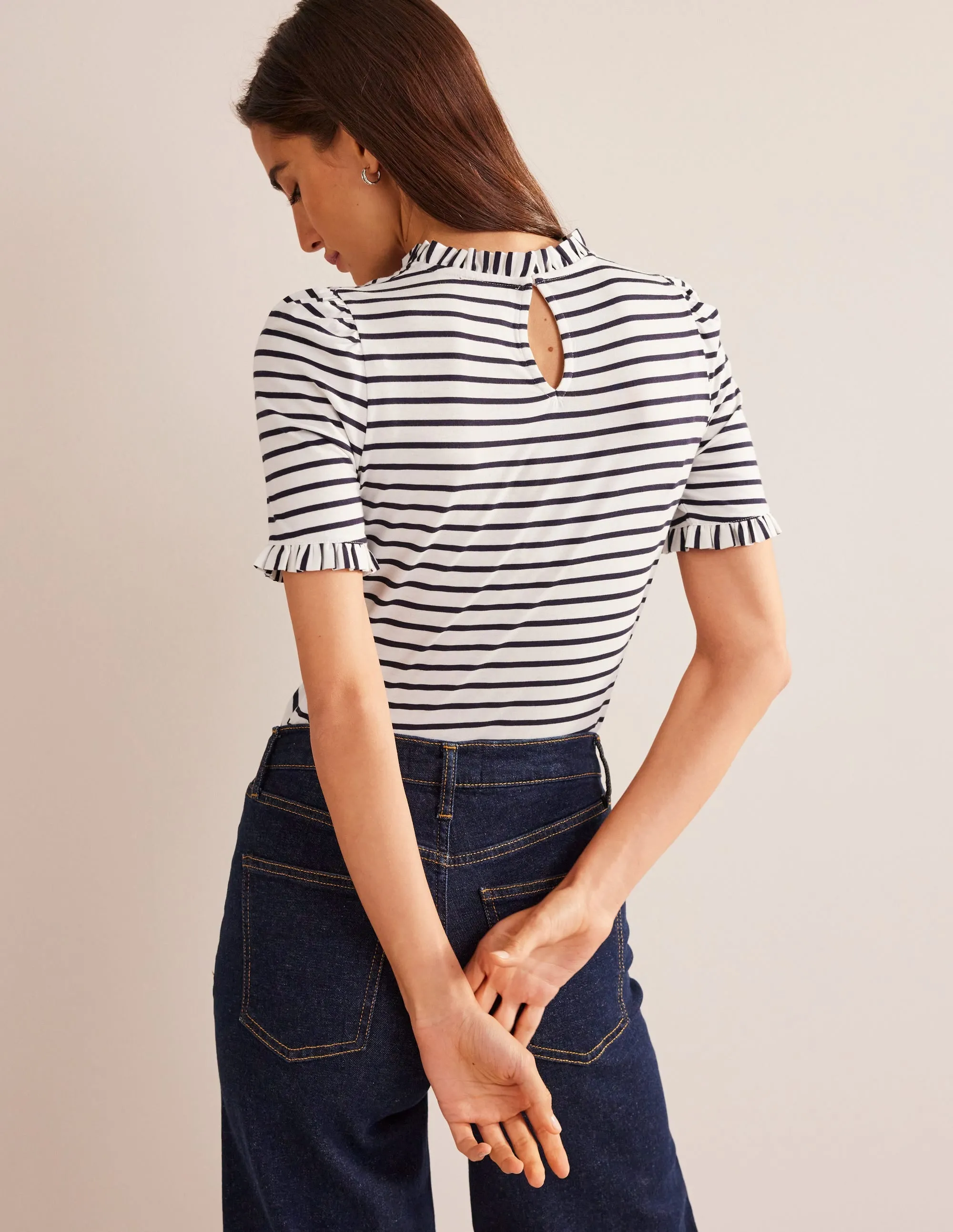 Supersoft Frill Detail T-shirt-Ivory, Navy Stripe MinimalistStyle Ribbed Hem