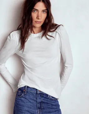 Supersoft Frill Detail Top-White UV Protective Layer Scoop Neck Shape