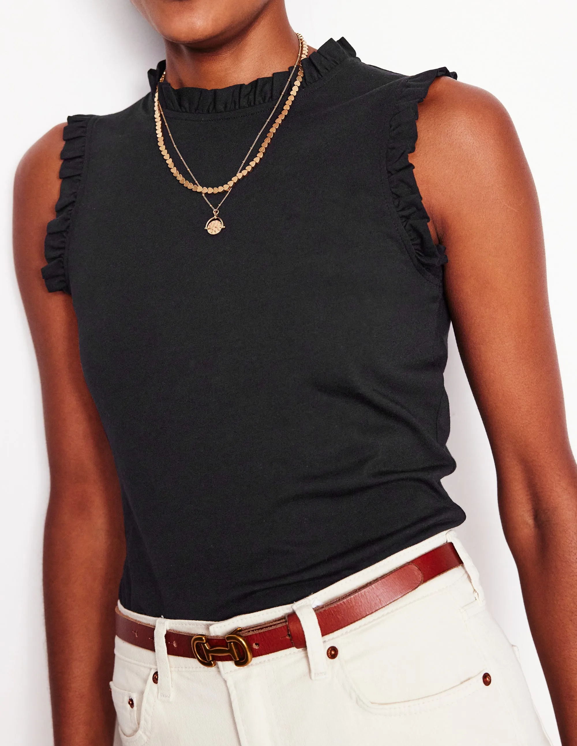 Supersoft Frill Detail Vest-Black Circular Knit Technique