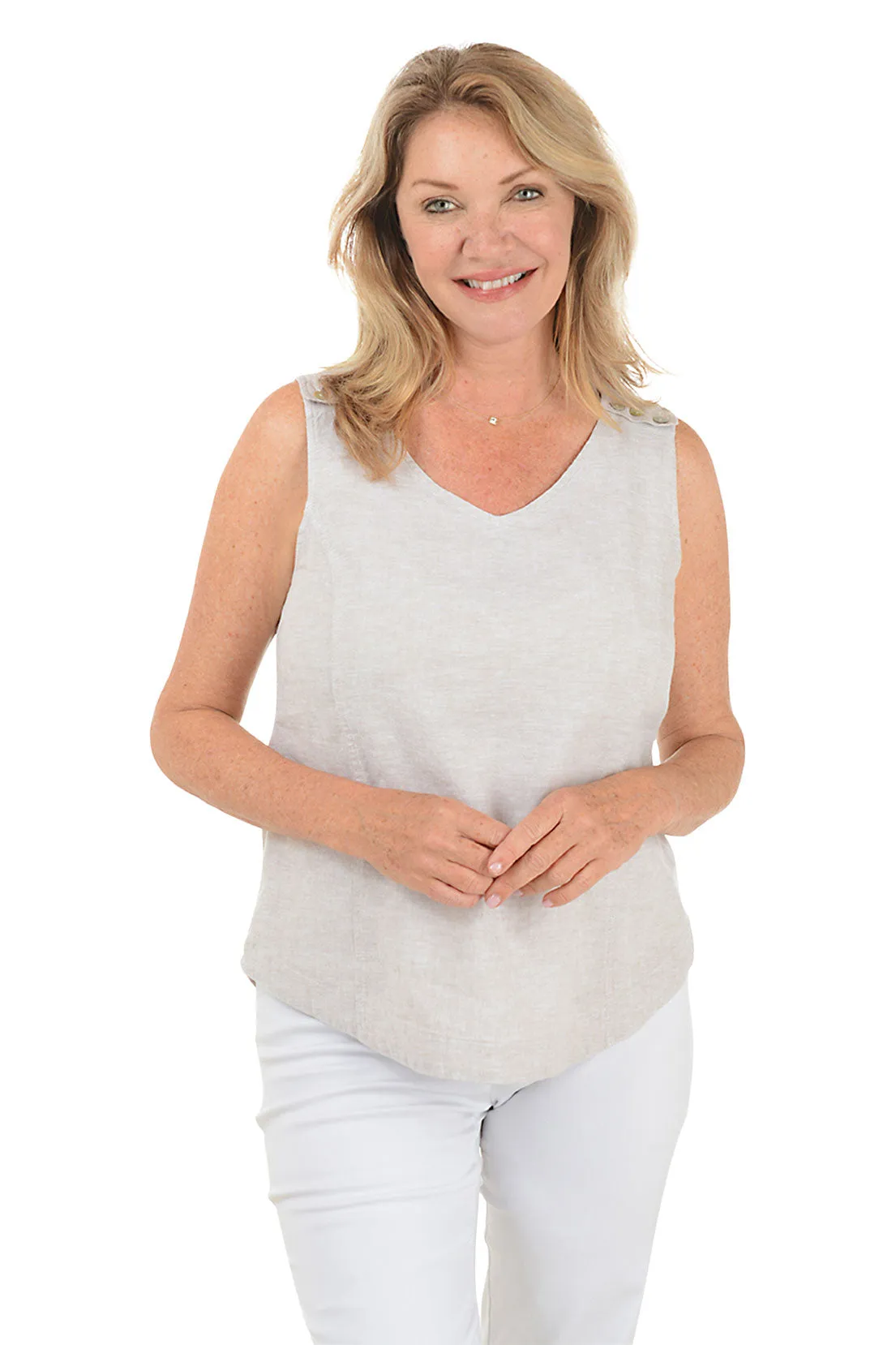 Triple Button Strap Linen-Blend Tank Anti Pill Surface