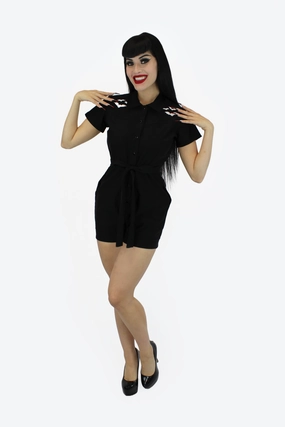 Stretchy Bat Black Romper With Belt Summer Fun