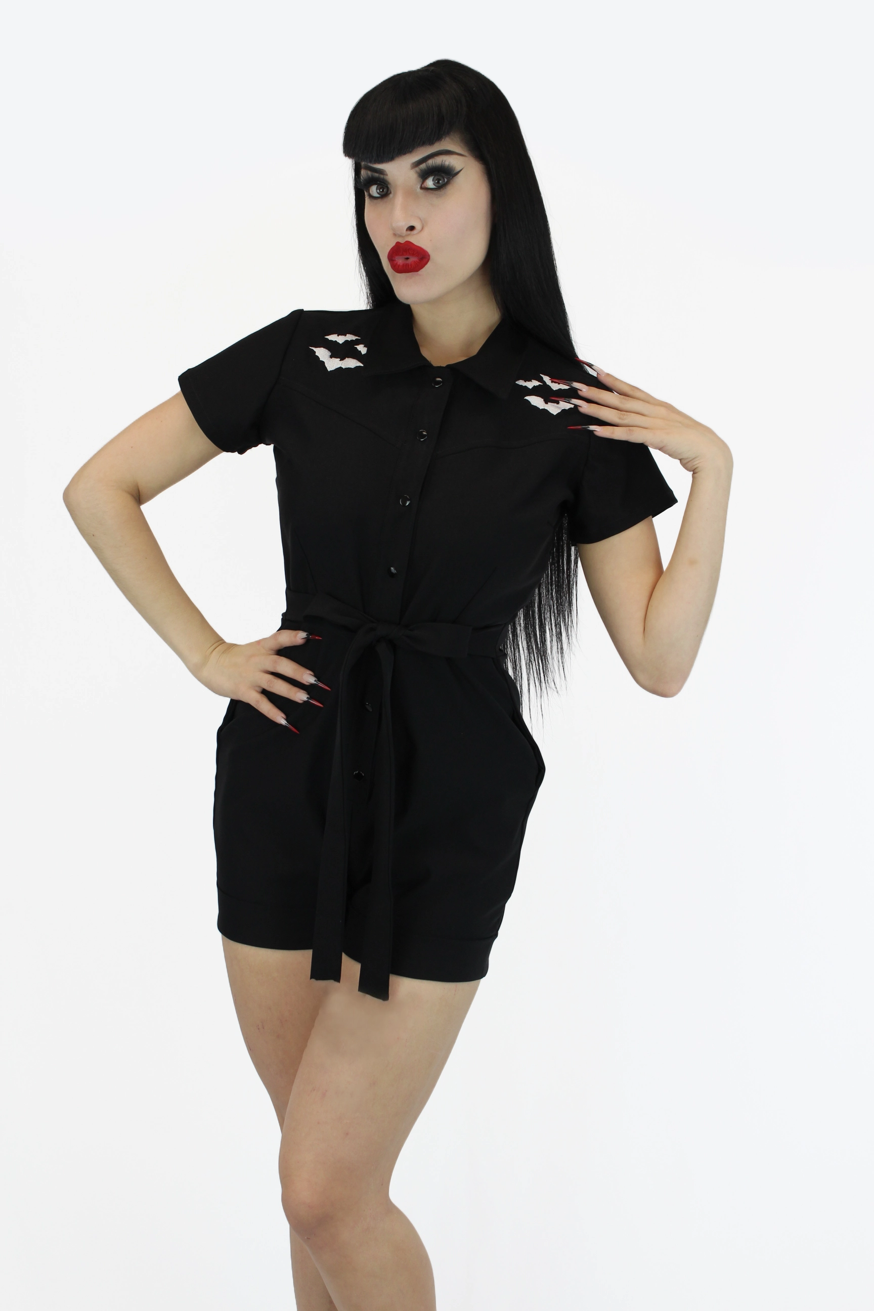 Flex Style Stretchy Bat Black Romper With Belt