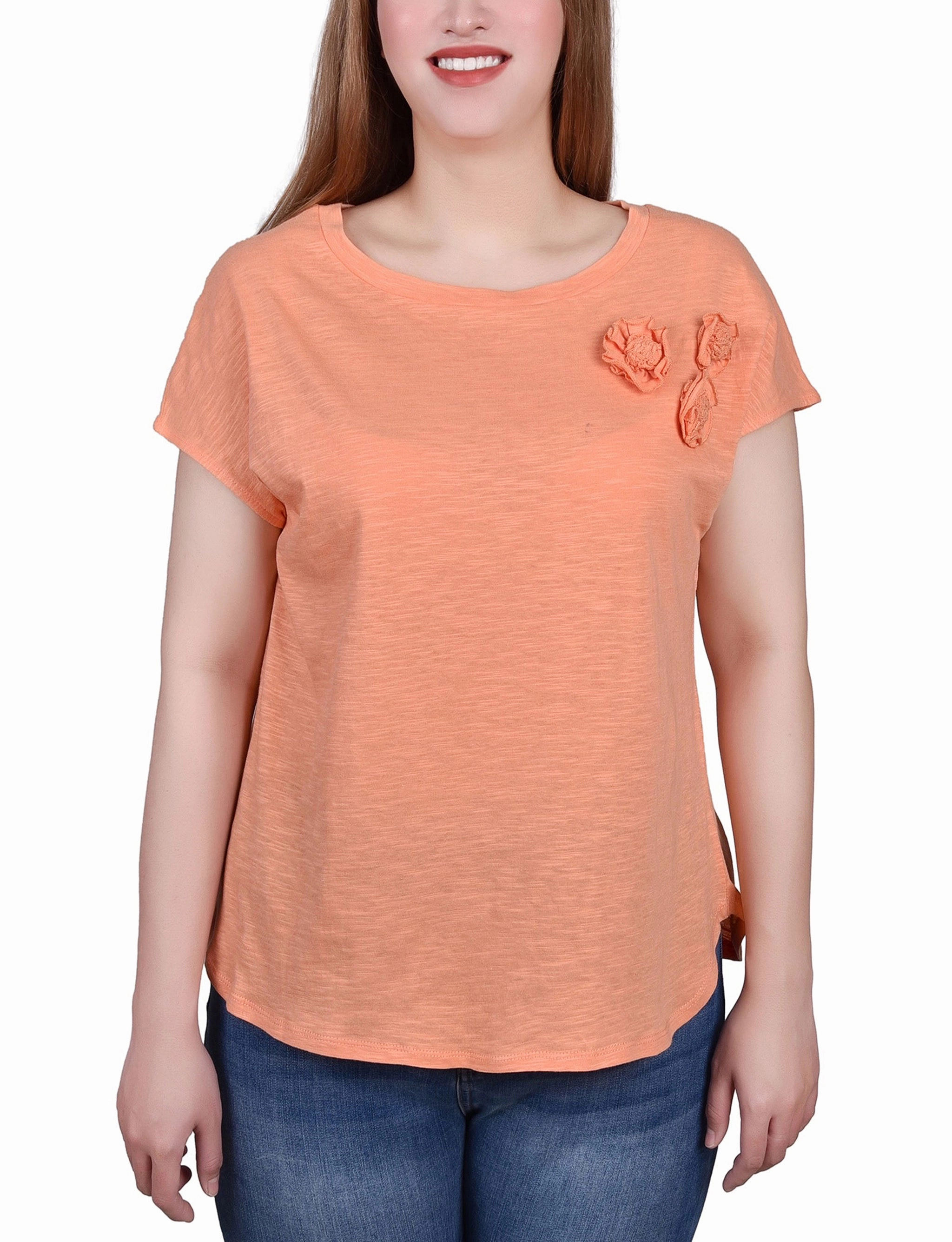 Petite Short Sleeve Slub Knit Top Raglan Sleeve