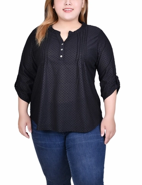 Plus Size 3/4 Sleeve Roll Tab Y Neck Top EcoFriendlyMaterial Easycare