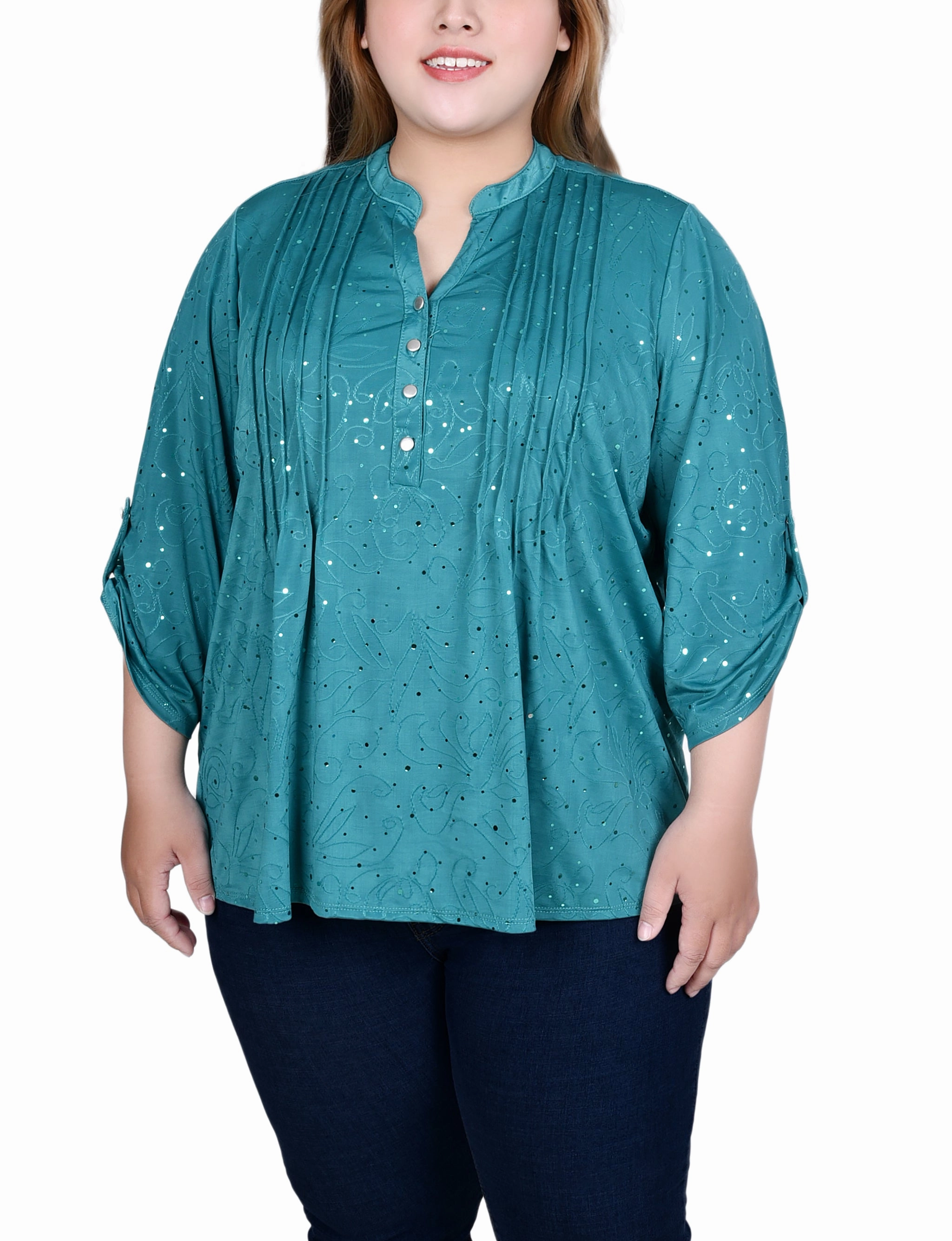 Plus Size 3/4 Sleeve Roll Tab Y Neck Top Eco Conscious Dye Process VNeckline