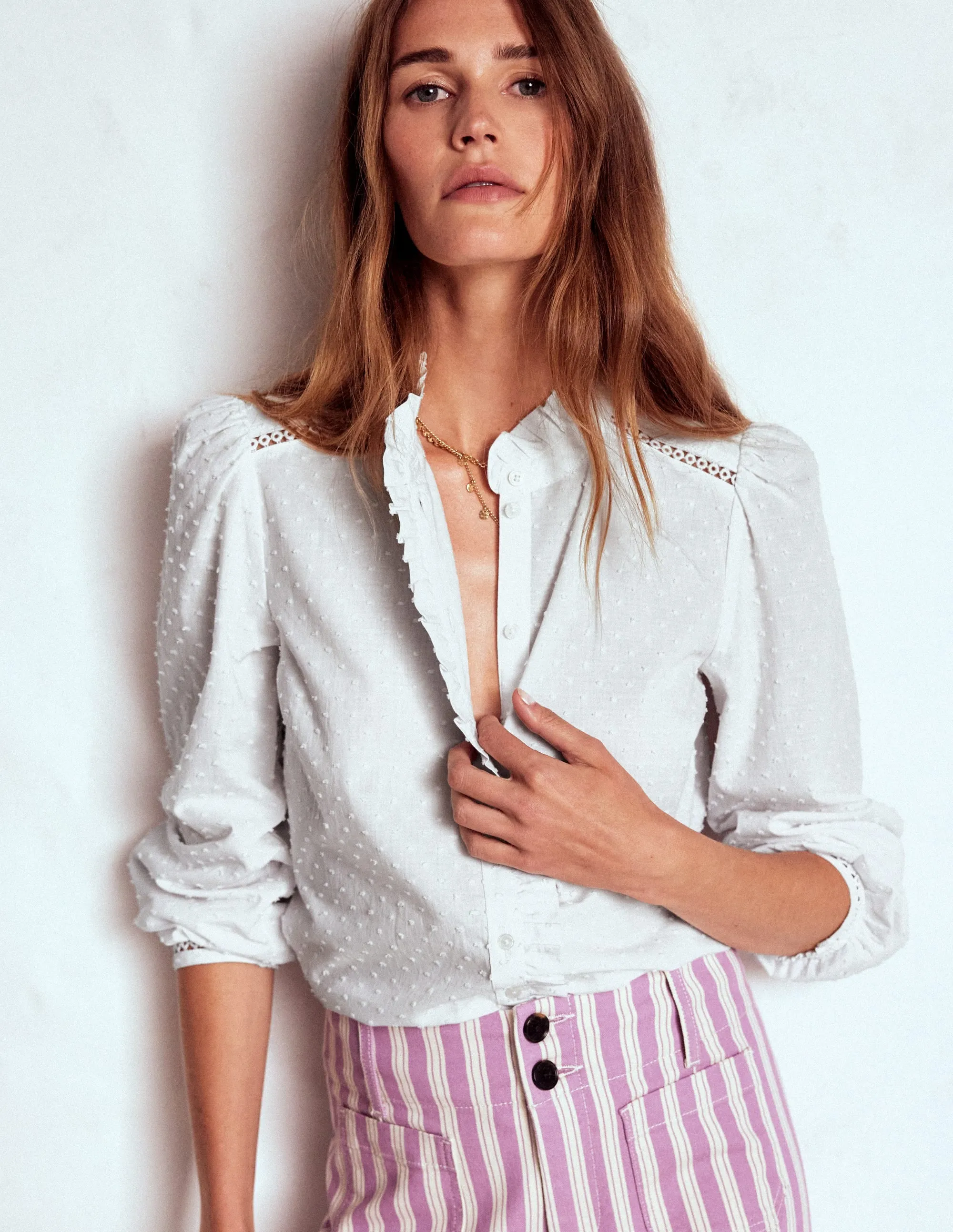 Helena Cotton Dobby Top-White AntiPilling FlatlockSeams