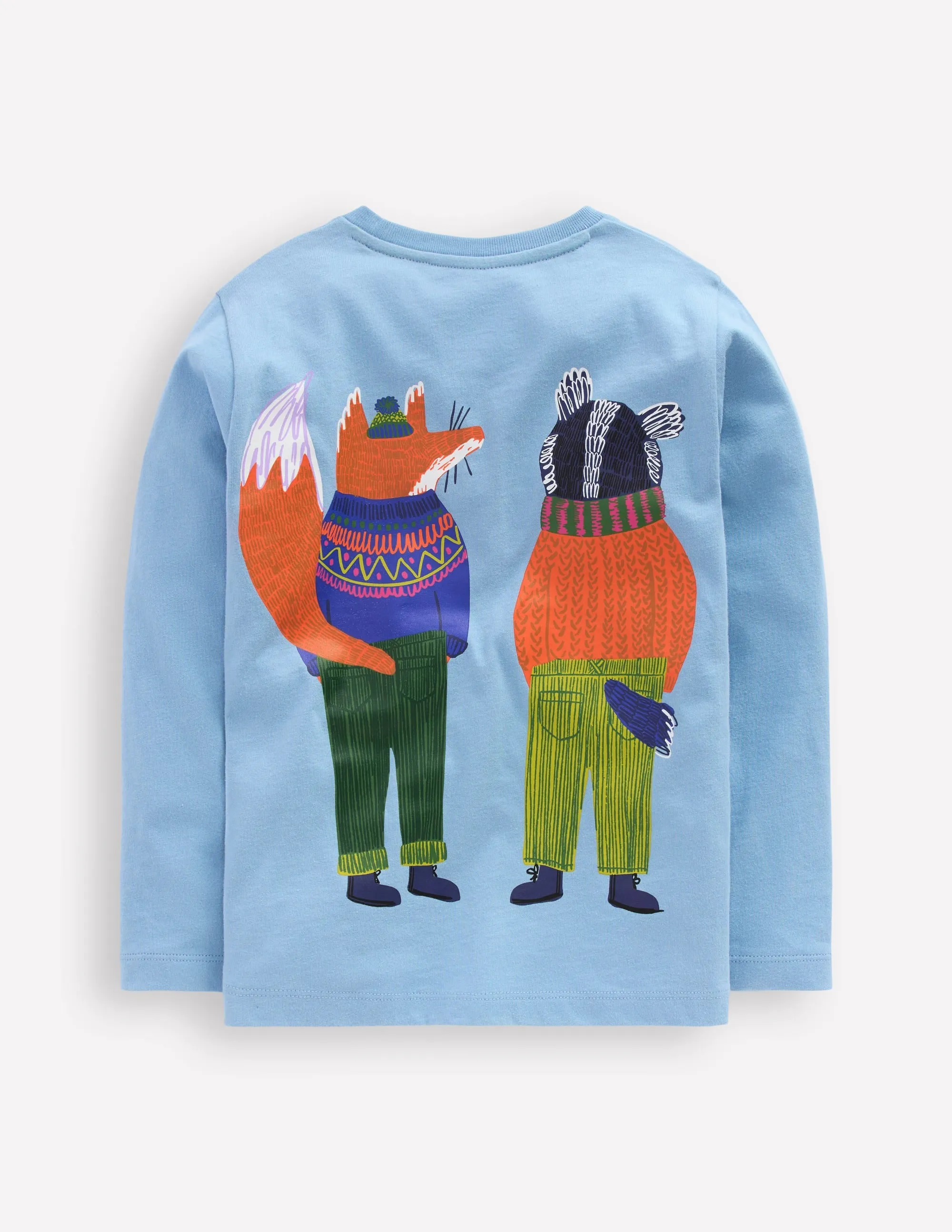 Long Sleeve Novelty T-shirt-Glacier Blue Foxes FlatlockStitching LightweightWeave