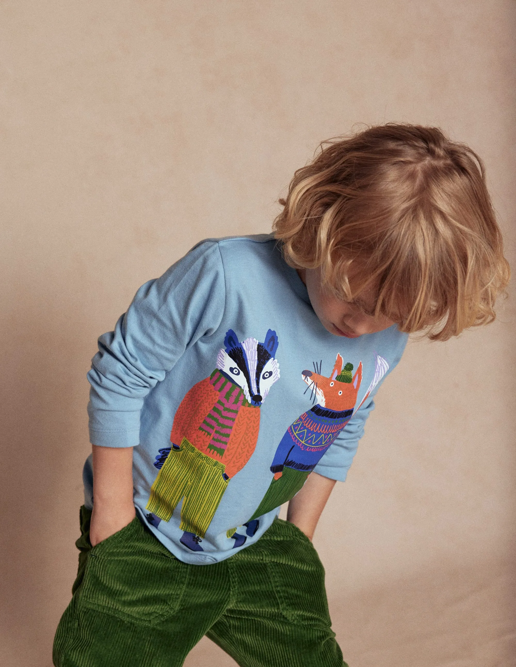 Long Sleeve Novelty T-shirt-Glacier Blue Foxes Bound Seam Finish