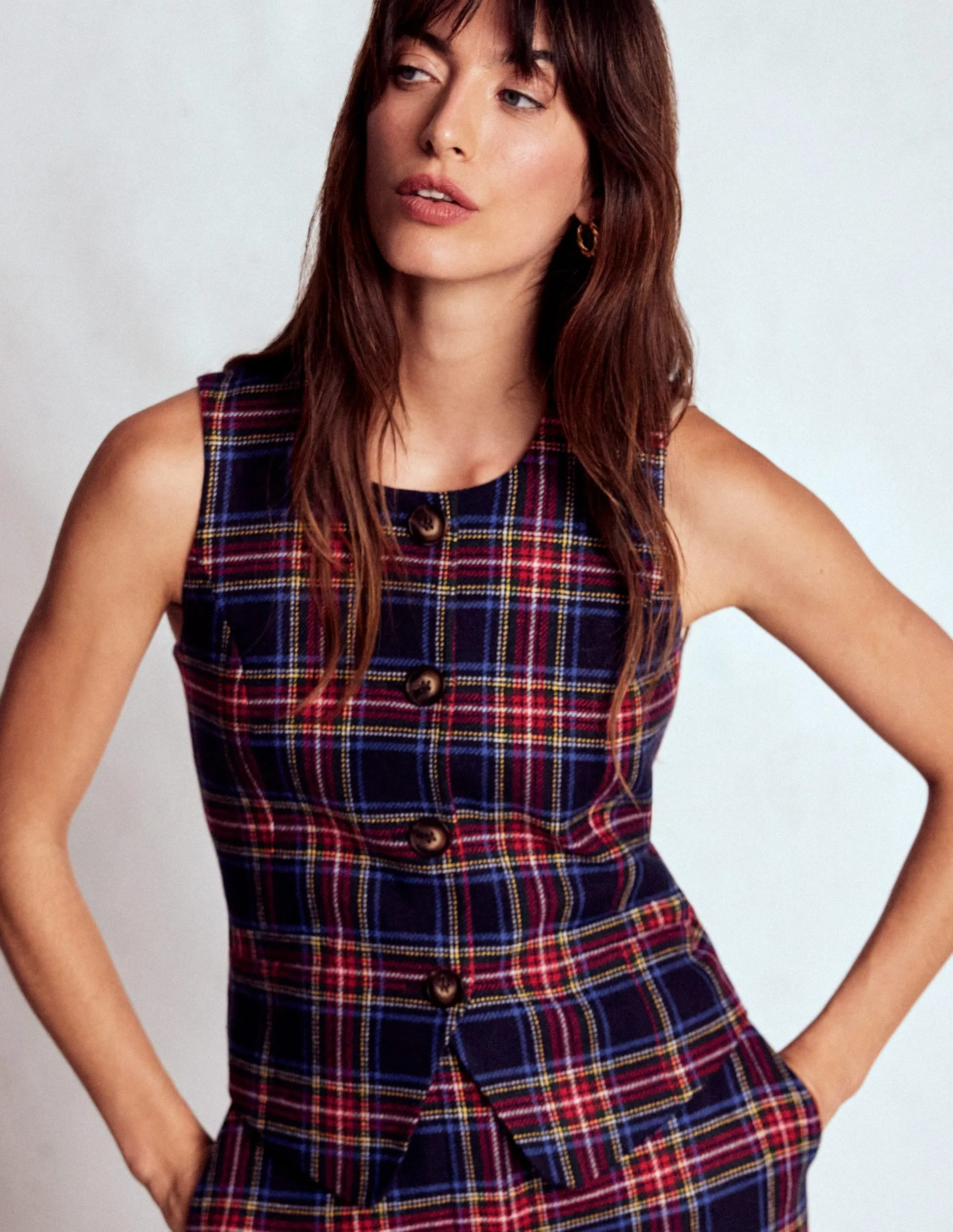 Tailored Check Waistcoat-Navy, Green and Red Check UV Protection Finish Sustainable Recycled Material