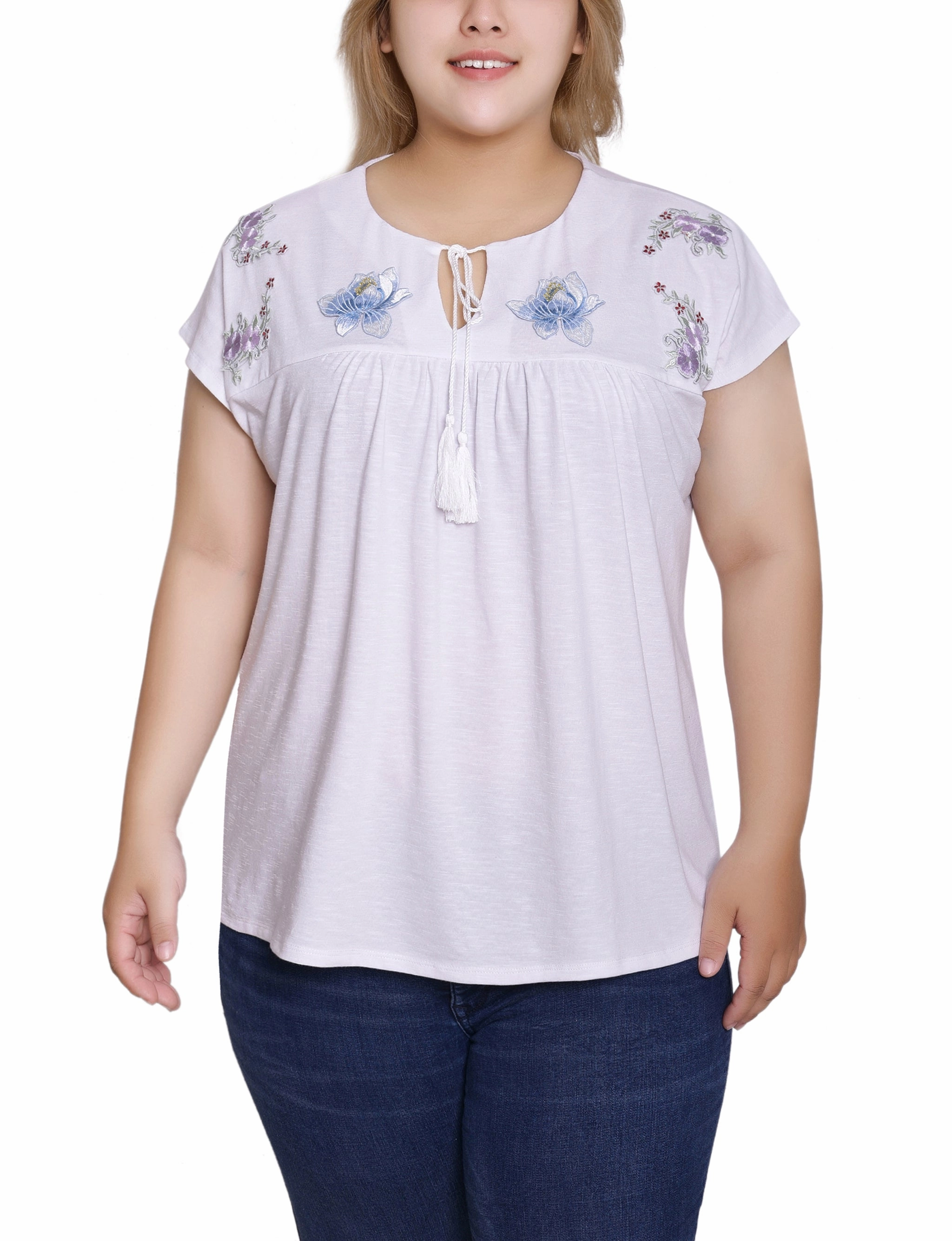 Plus Size Embroidered Yoke Extended Sleeve Top FlexibleElasticatedEdging