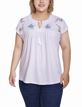 Layered Collar Design Elasticated Trim Plus Size Embroidered Yoke Extended Sleeve Top