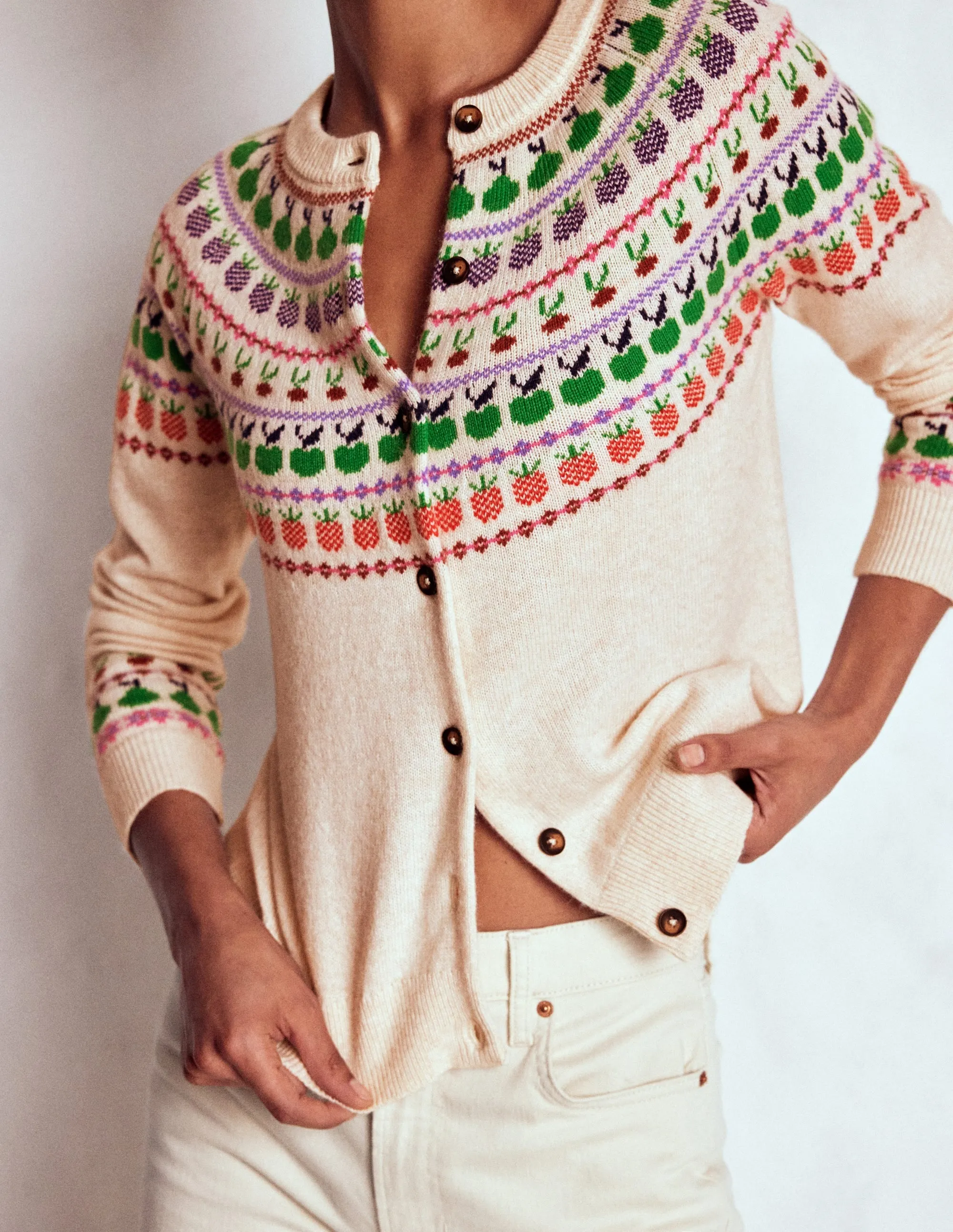 Weekend Look Versatile Casual Look Edie Fair Isle Cardigan-Ecru Marl, Fruit