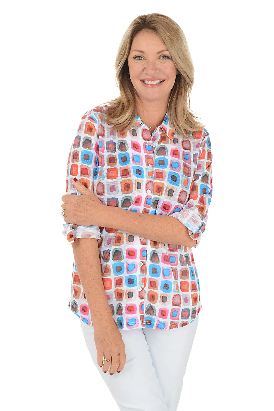 FasteningHood Lightweight insulation Mod Cubes Roll-Tab Knit Shirt