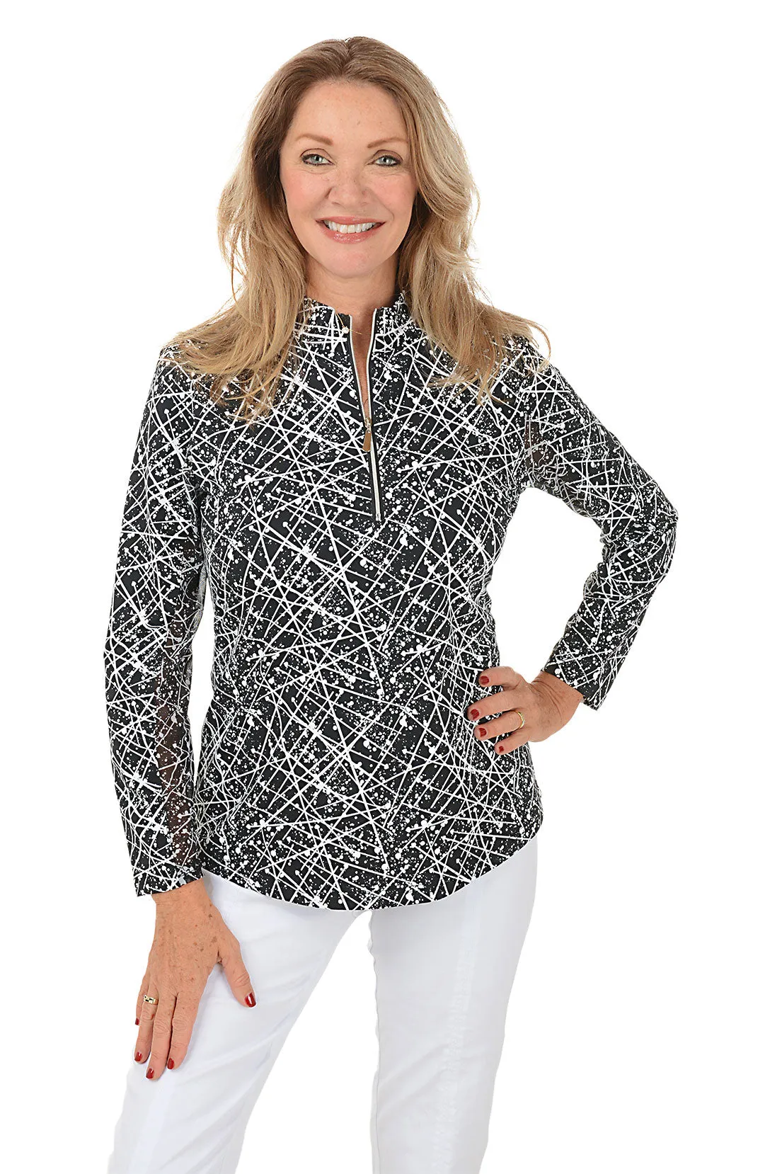 Bound Seam Edges AntiPillingTreatment Scribble Splatter Cooling UPF50  Mock Neck Top