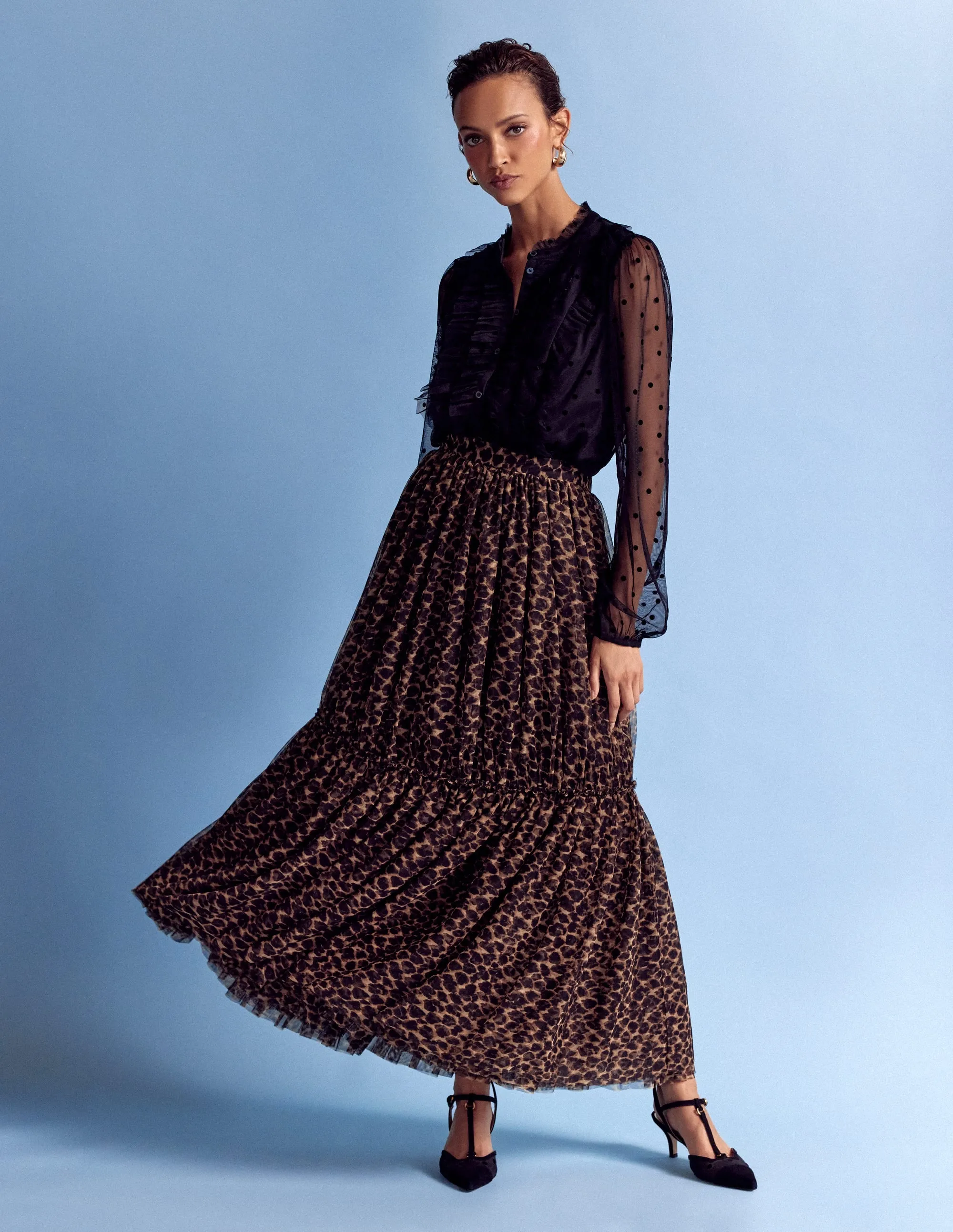 WideNeckline Frilled Tulle Blouse-Black