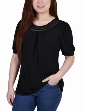 Short Puff Sleeve Sheer Inset Top Circular Knit Technology TearResistant
