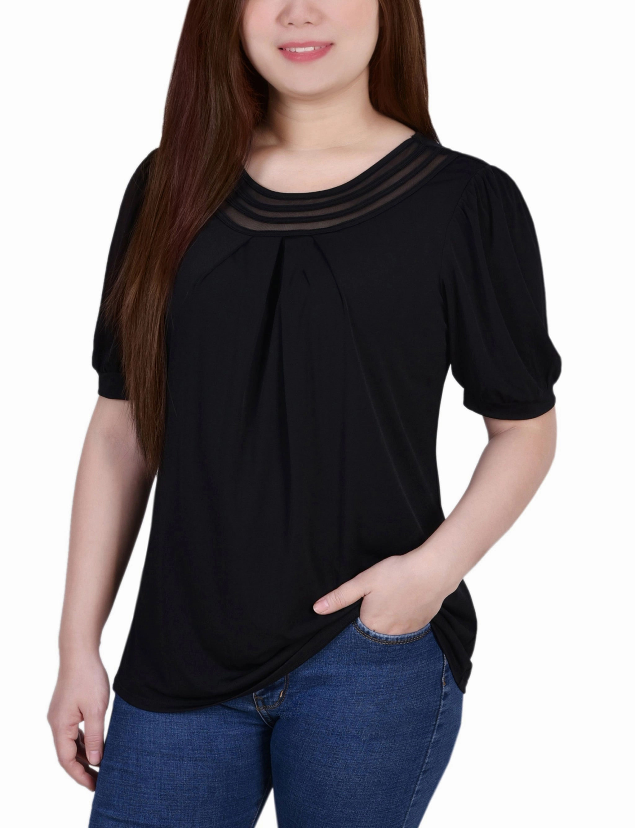 Short Puff Sleeve Sheer Inset Top Circular Knit Technology TearResistant