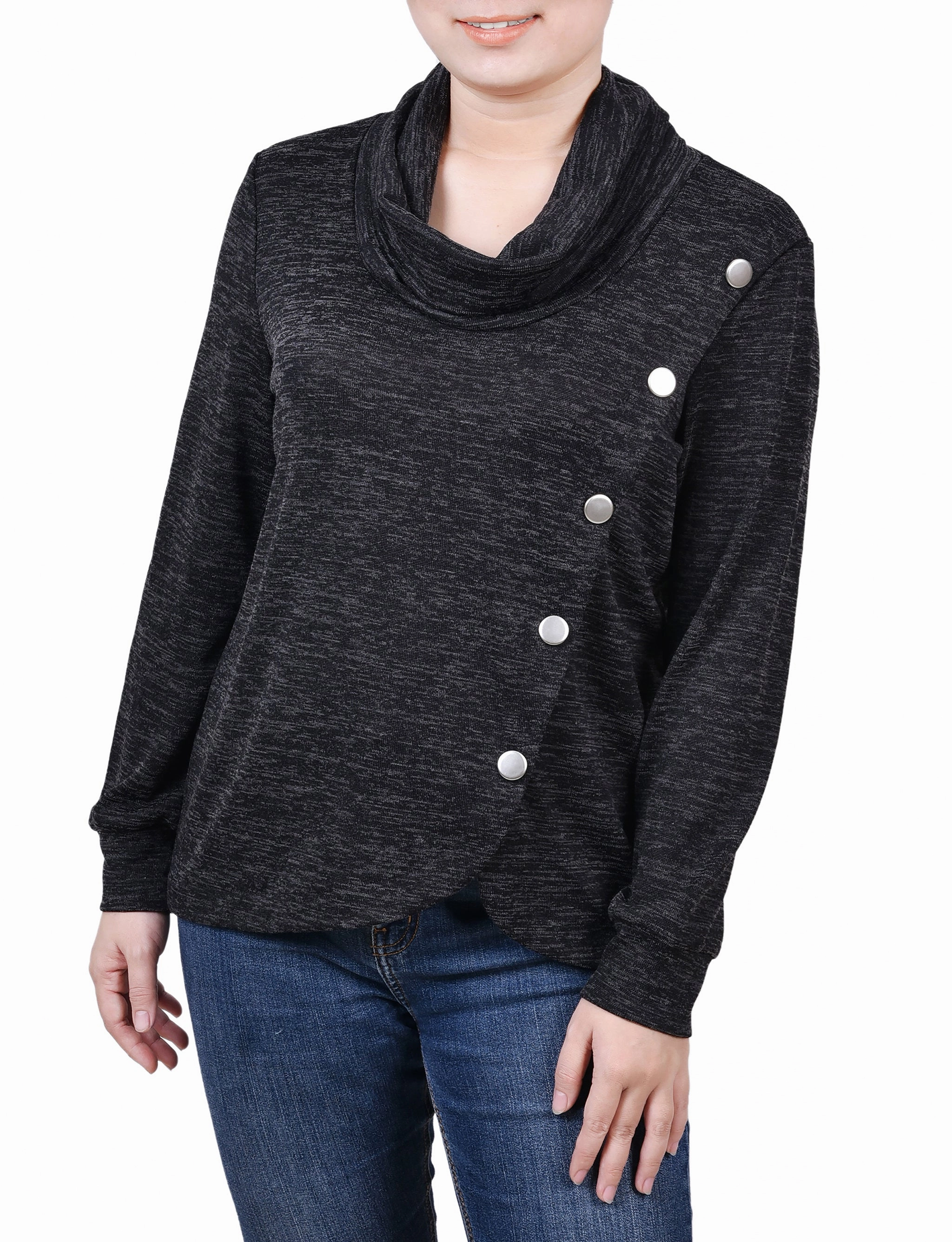 Antimicrobial Treatment Elegant Cut Long Sleeve Overlapping Cowl Neck Top