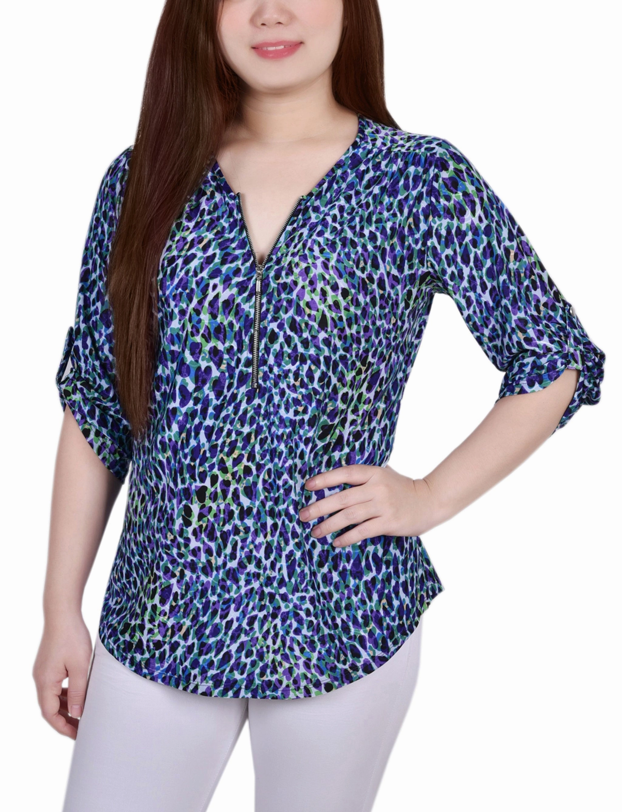 LightweightWeave Modular Layering System Petite 3/4 Roll Tab Zip Front Jacquard Knit Top