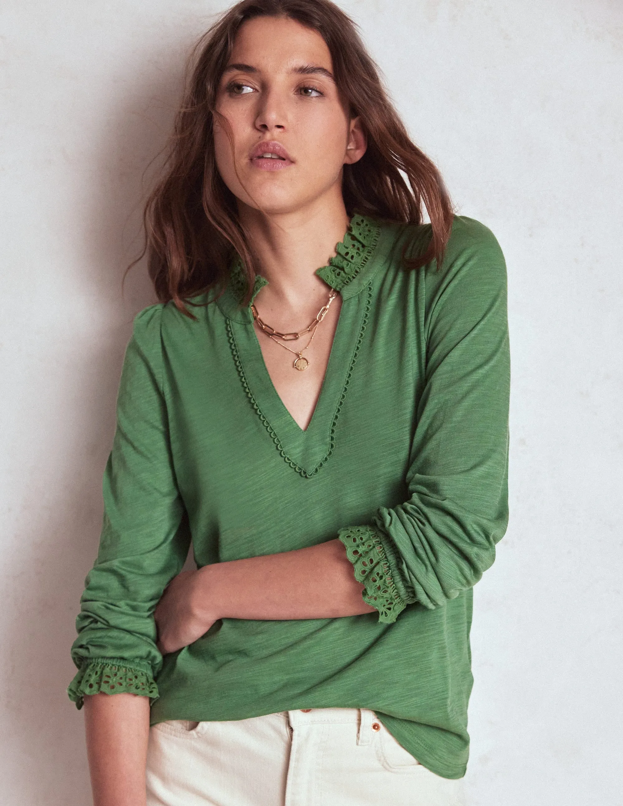 Aria Broderie Notch Neck Top-Newt Green ReinforcedShoulders