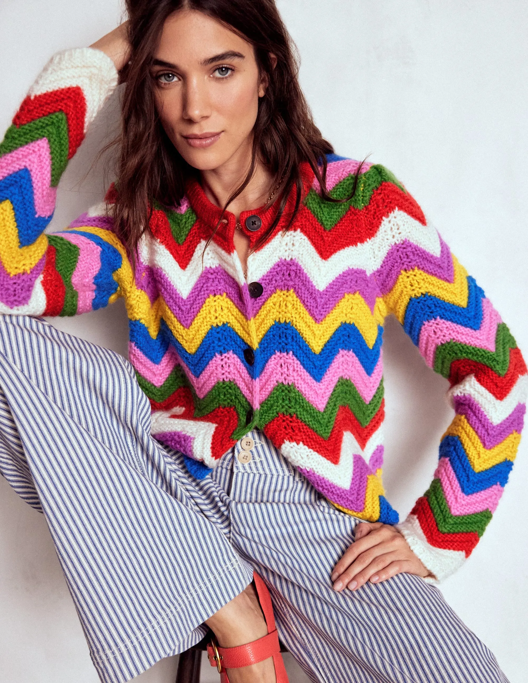 Chunky Chevron Knitted Jacket-Multi, Zig Zag Modern Drape Flexible Edging