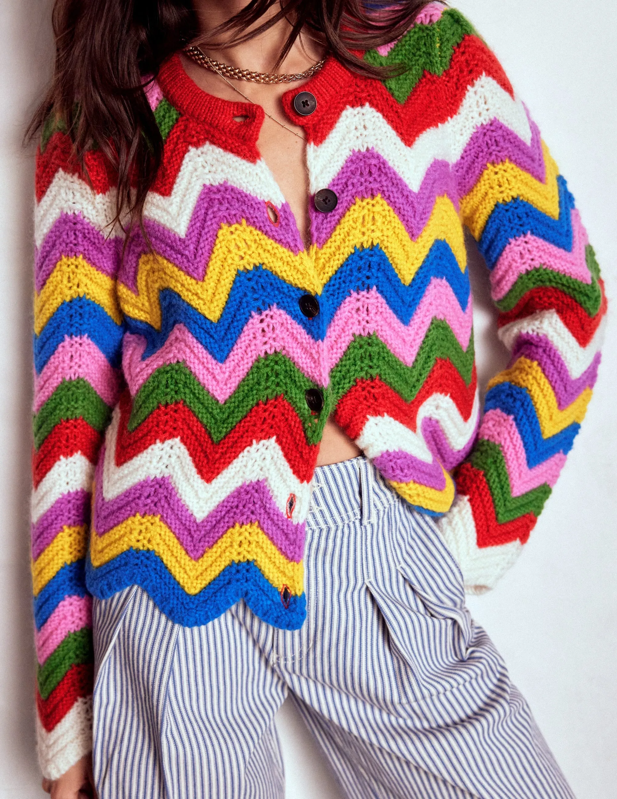 Chunky Chevron Knitted Jacket-Multi, Zig Zag Pure Detail Lightweight Open Weave