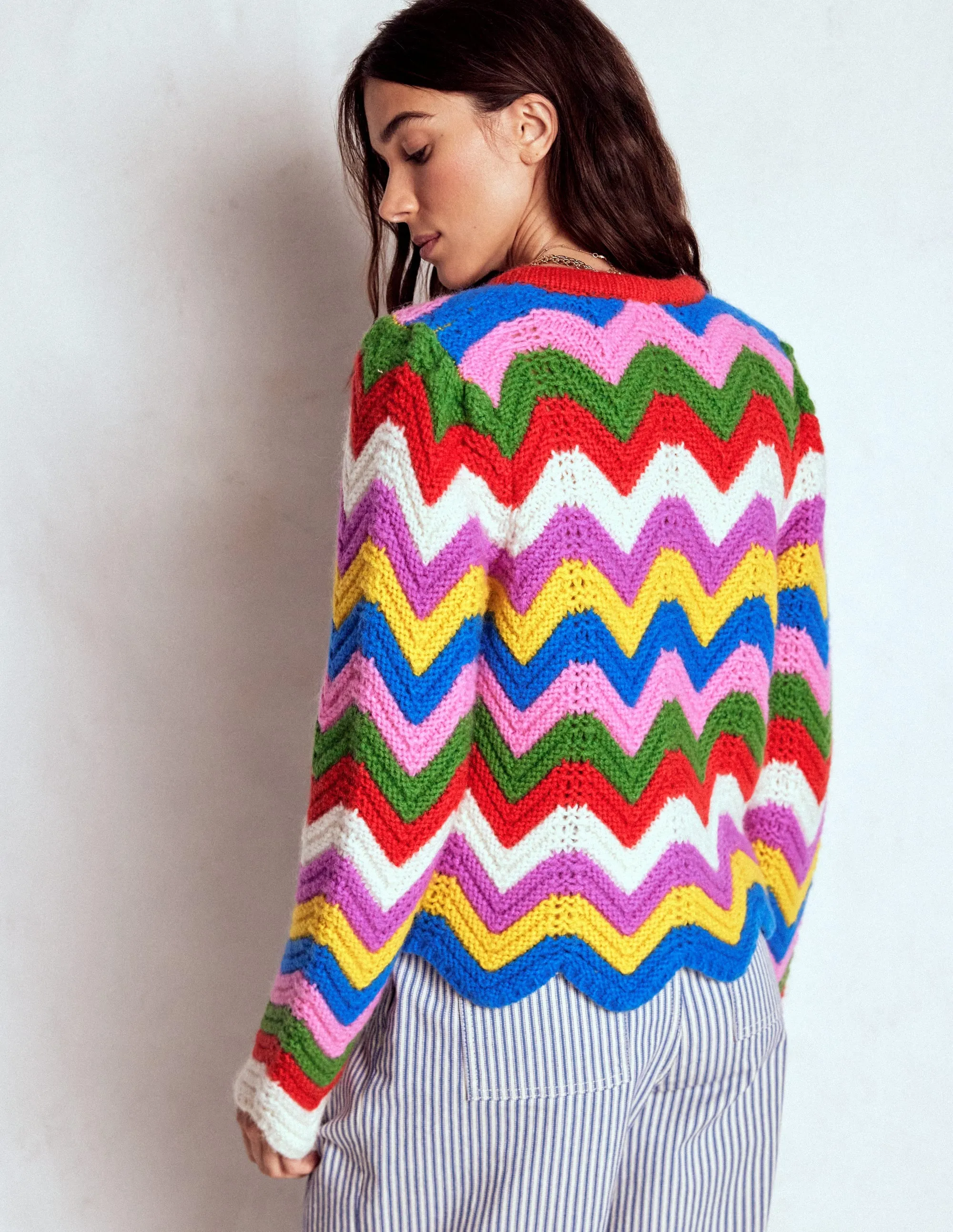 OdorResistant Treatment Chunky Chevron Knitted Jacket-Multi, Zig Zag