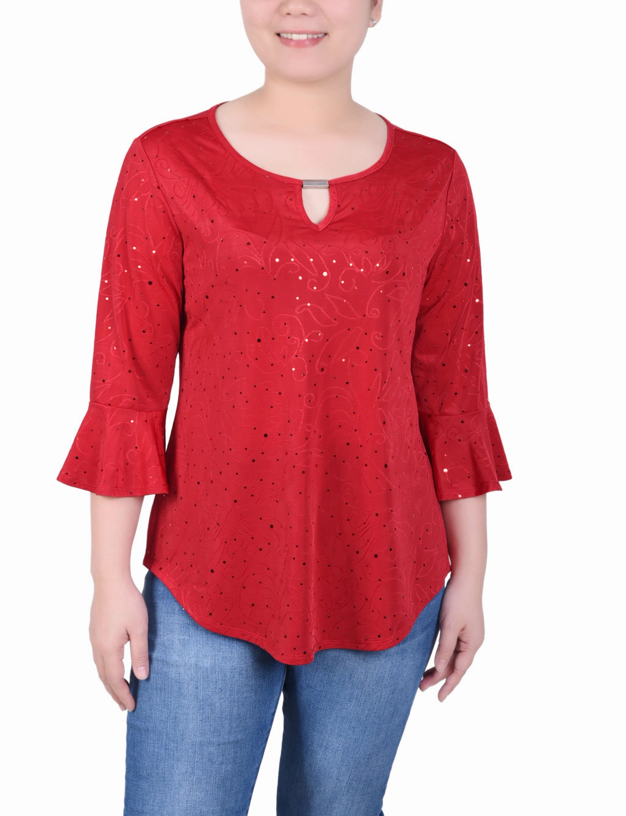 Petite 3/4 Bell Sleeve Top With Hardware Microfiber Technology Buttery Soft Handfeel
