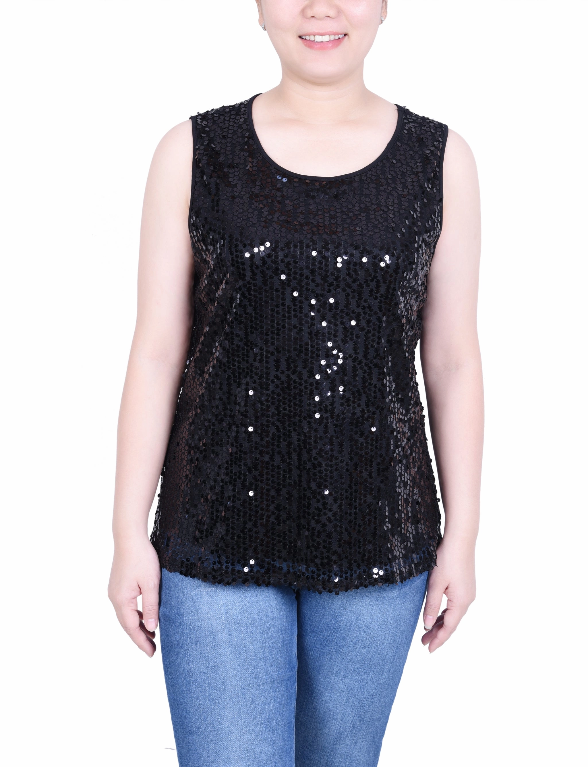 Seamless Knit Design Vintage Pullover Petite Sleeveless Sequined Tank Top With Combo Banding