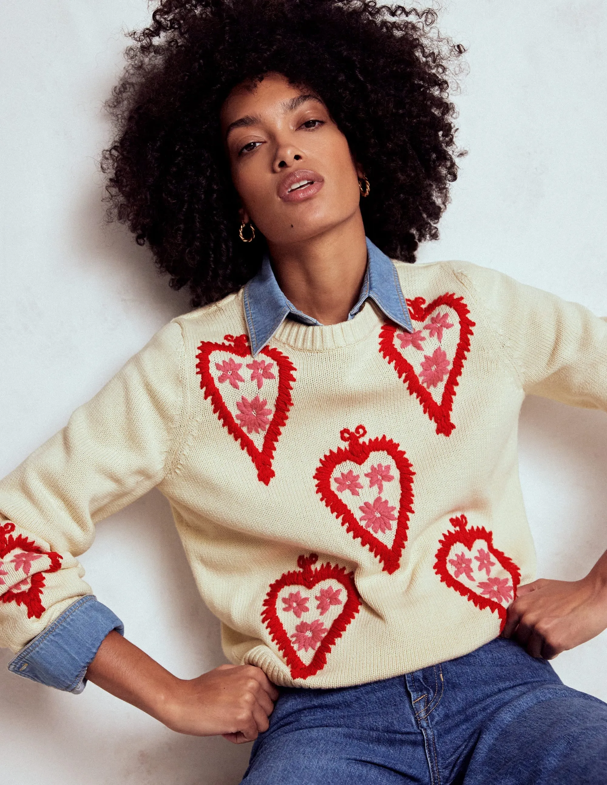 Graphic Embroidered Jumper-Warm Ivory, Hearts Ribbed Detailing Walk In Park