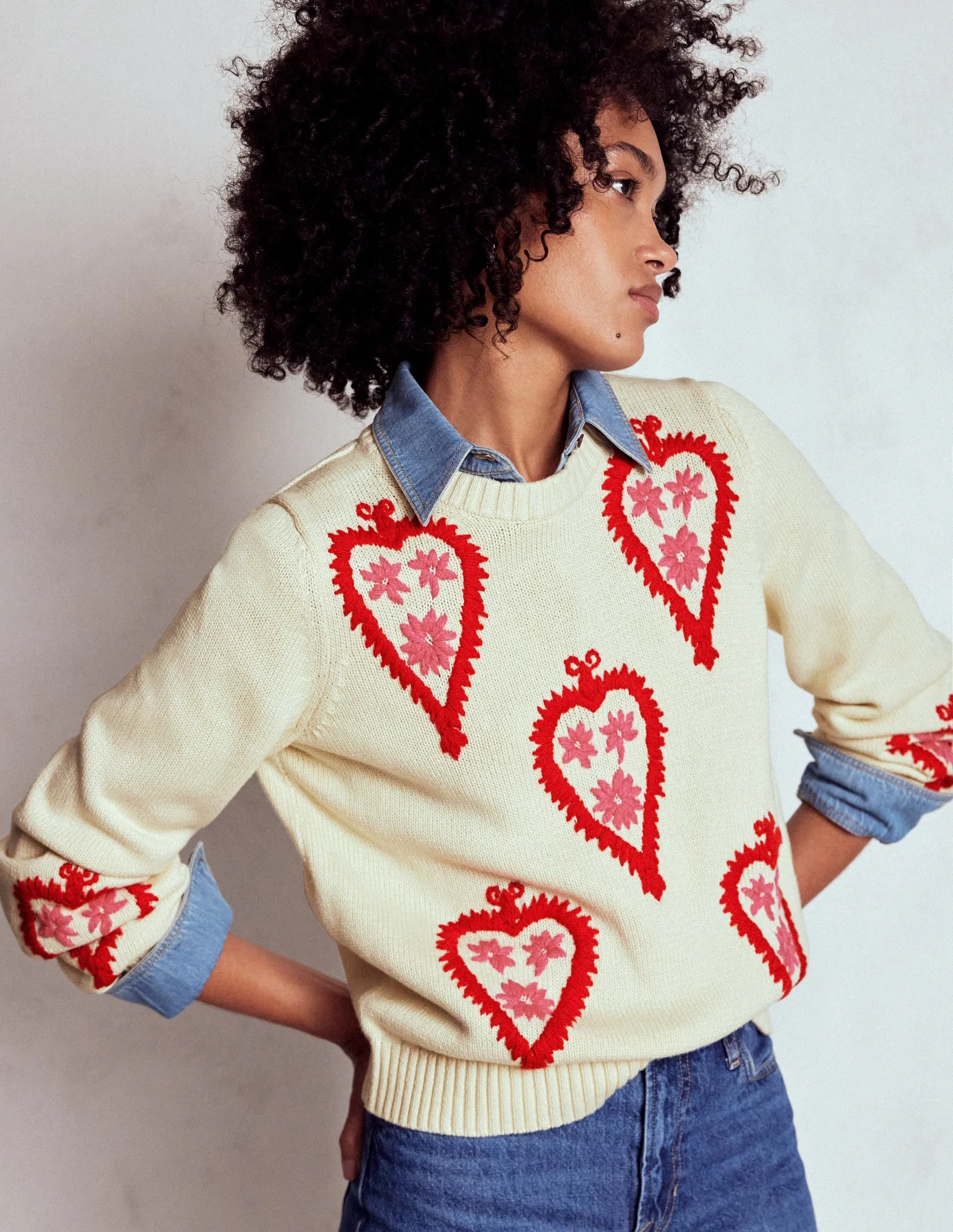 Graphic Embroidered Jumper-Warm Ivory, Hearts Pure Detail