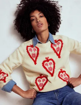 Graphic Embroidered Jumper-Warm Ivory, Hearts Ribbed Detailing Walk In Park