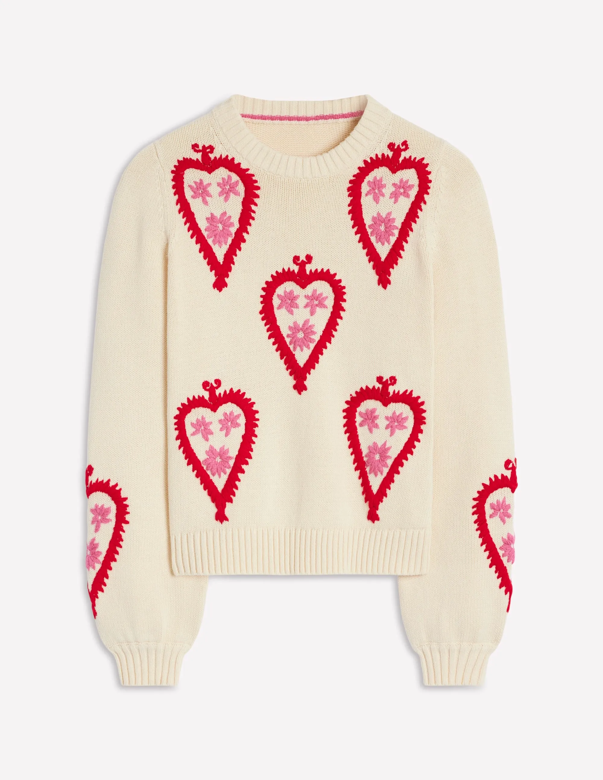 Graphic Embroidered Jumper-Warm Ivory, Hearts Tagless Design Recycled Polyester Thread