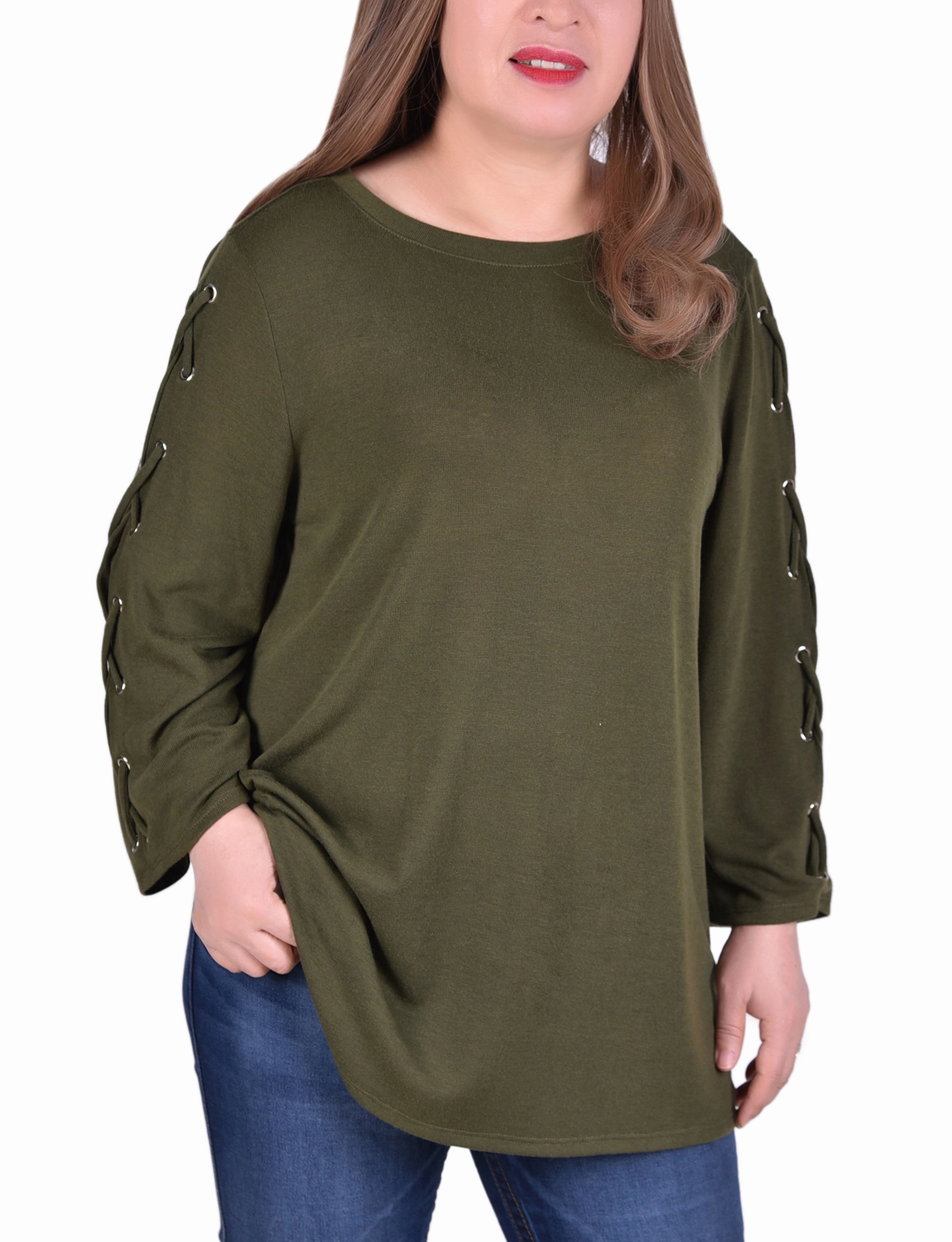Soft Knit Breathable Ventilation Plus Size Laced Sleeve Top