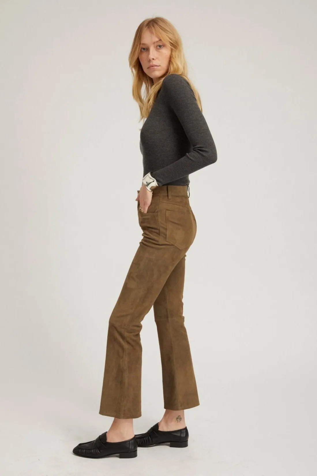 Adaptive Fit Cuffed hem Olive Suede 5 Pocket Ankle Flare Pants