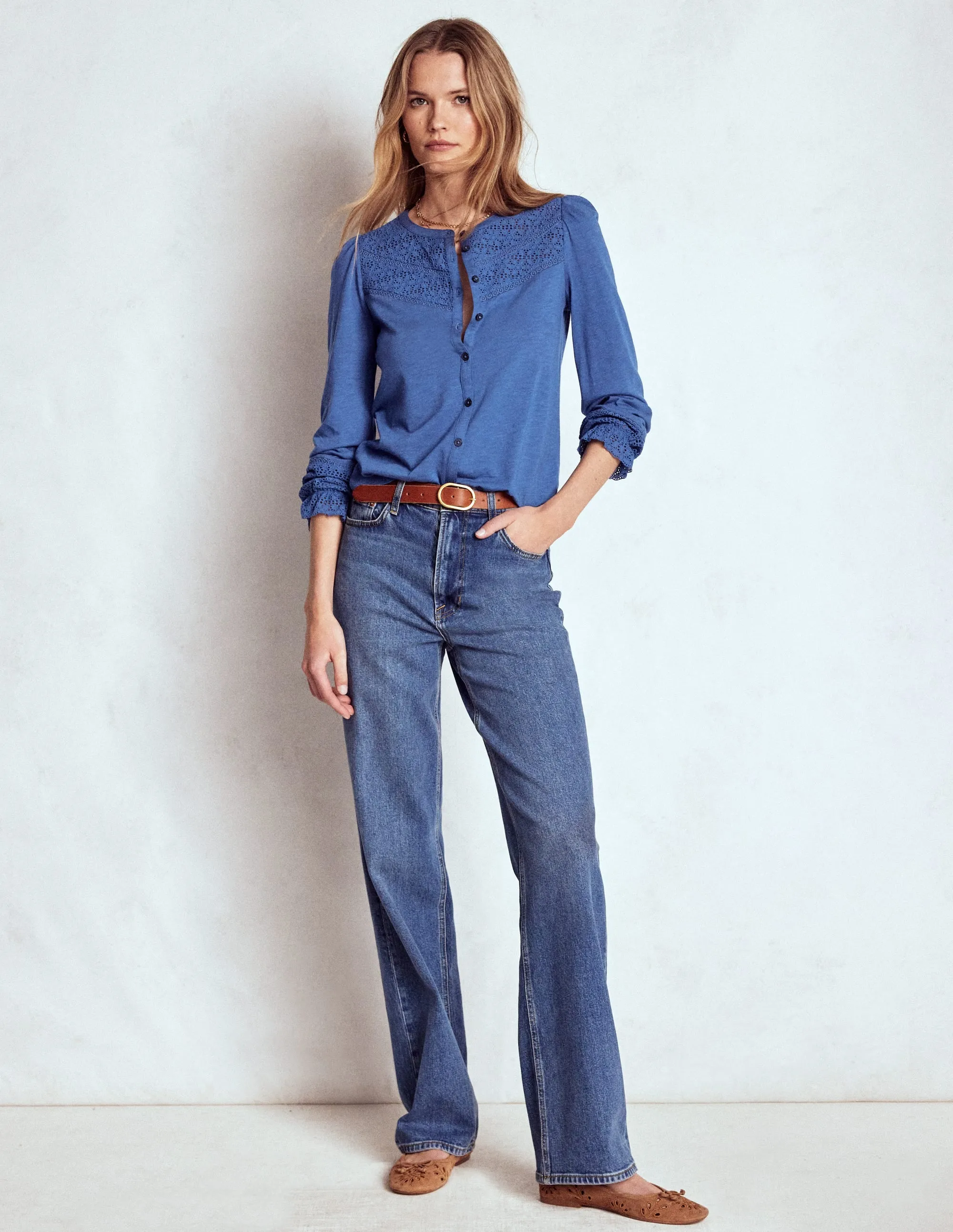 Light Reflective Printing Low Profile Stitching Pippa Broderie Jersey Shirt-Denim Blue