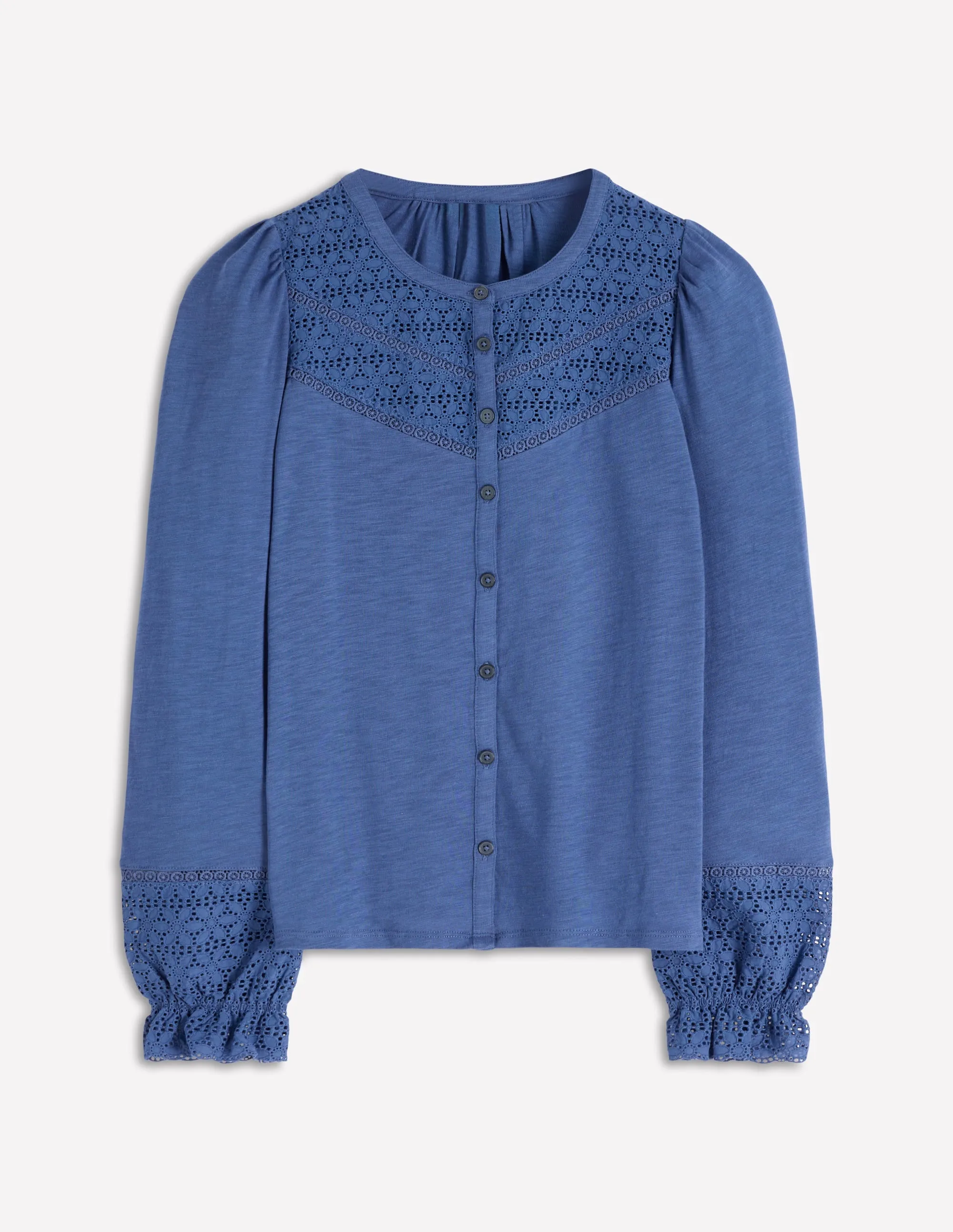 ZeroWasteProduction Taped Neckline Pippa Broderie Jersey Shirt-Denim Blue