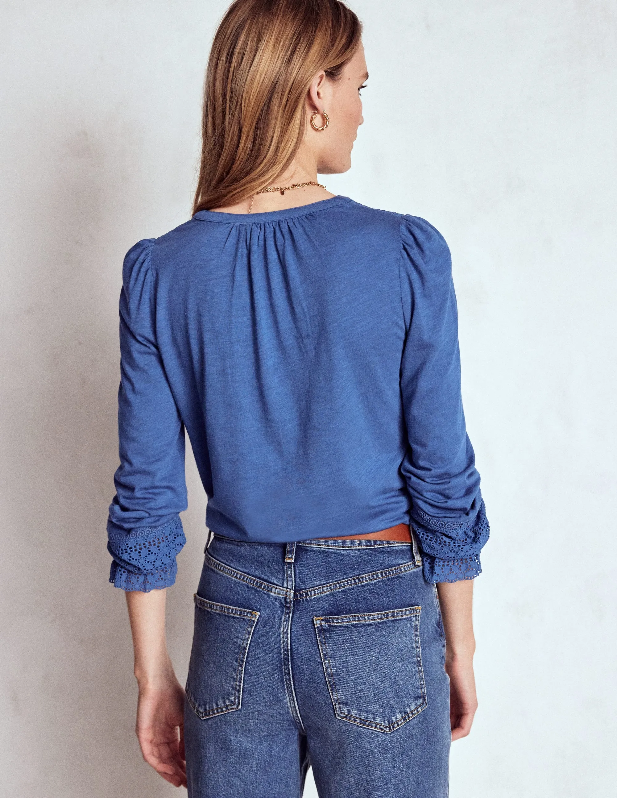 Pippa Broderie Jersey Shirt-Denim Blue Recycled Polyester Fabric